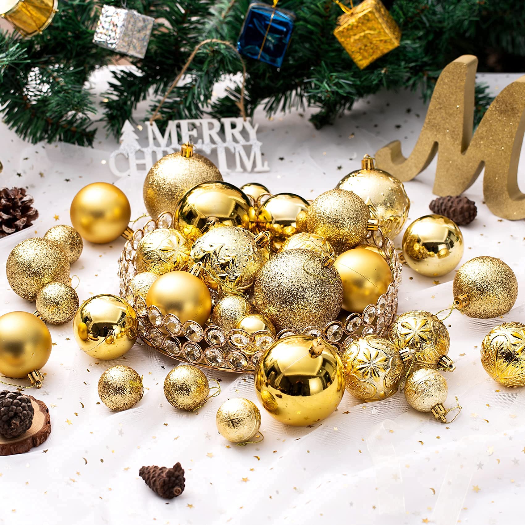 Gold Ornament Set with Multiple Designs and Sizes