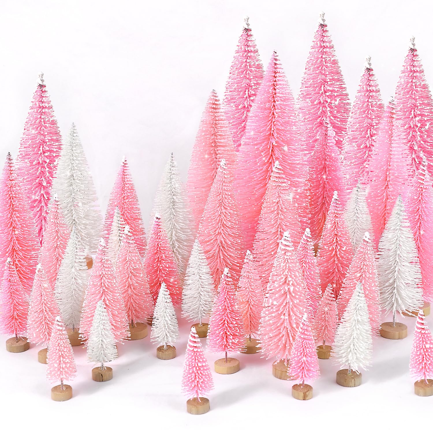 30Pcs Mini Pink Christmas Trees with Wooden Base