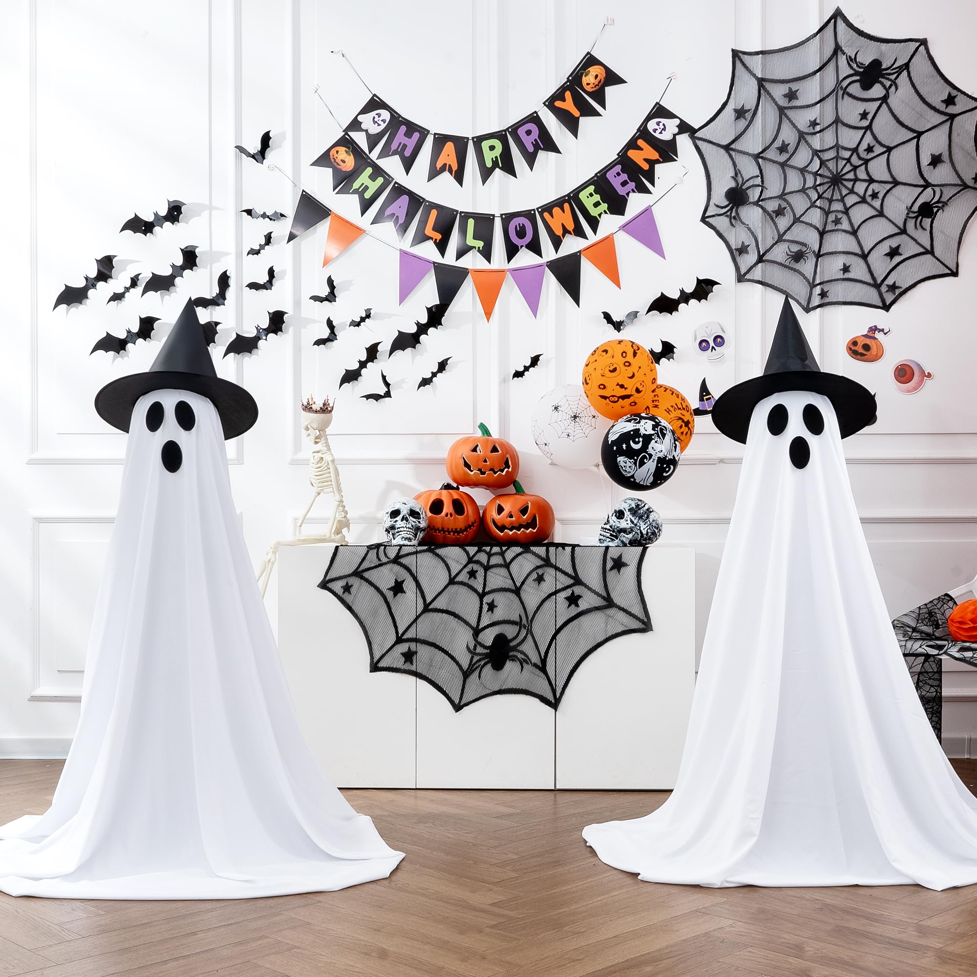 White ghost with black hat Halloween decorations