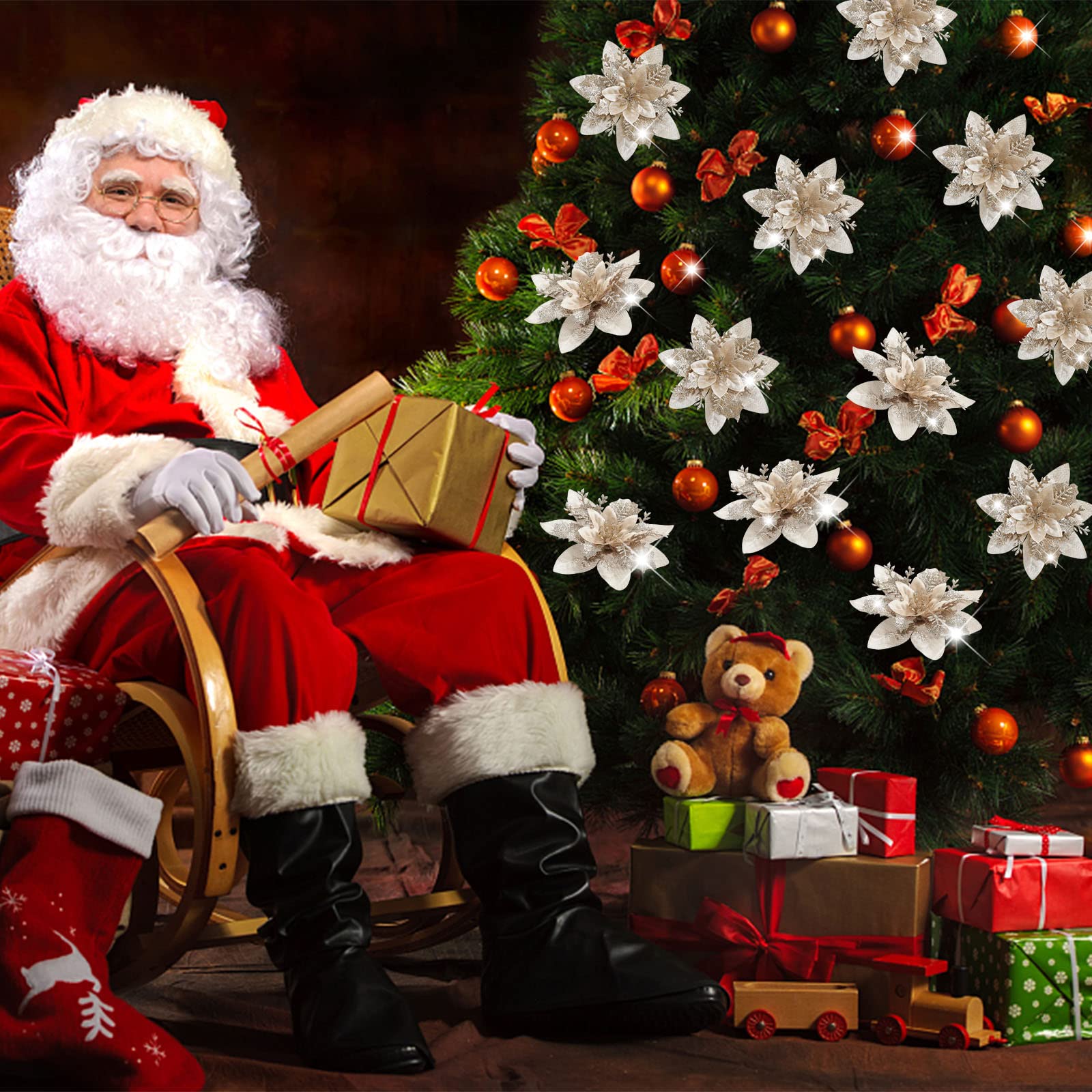 poinsettias on Christmas tree next to santa