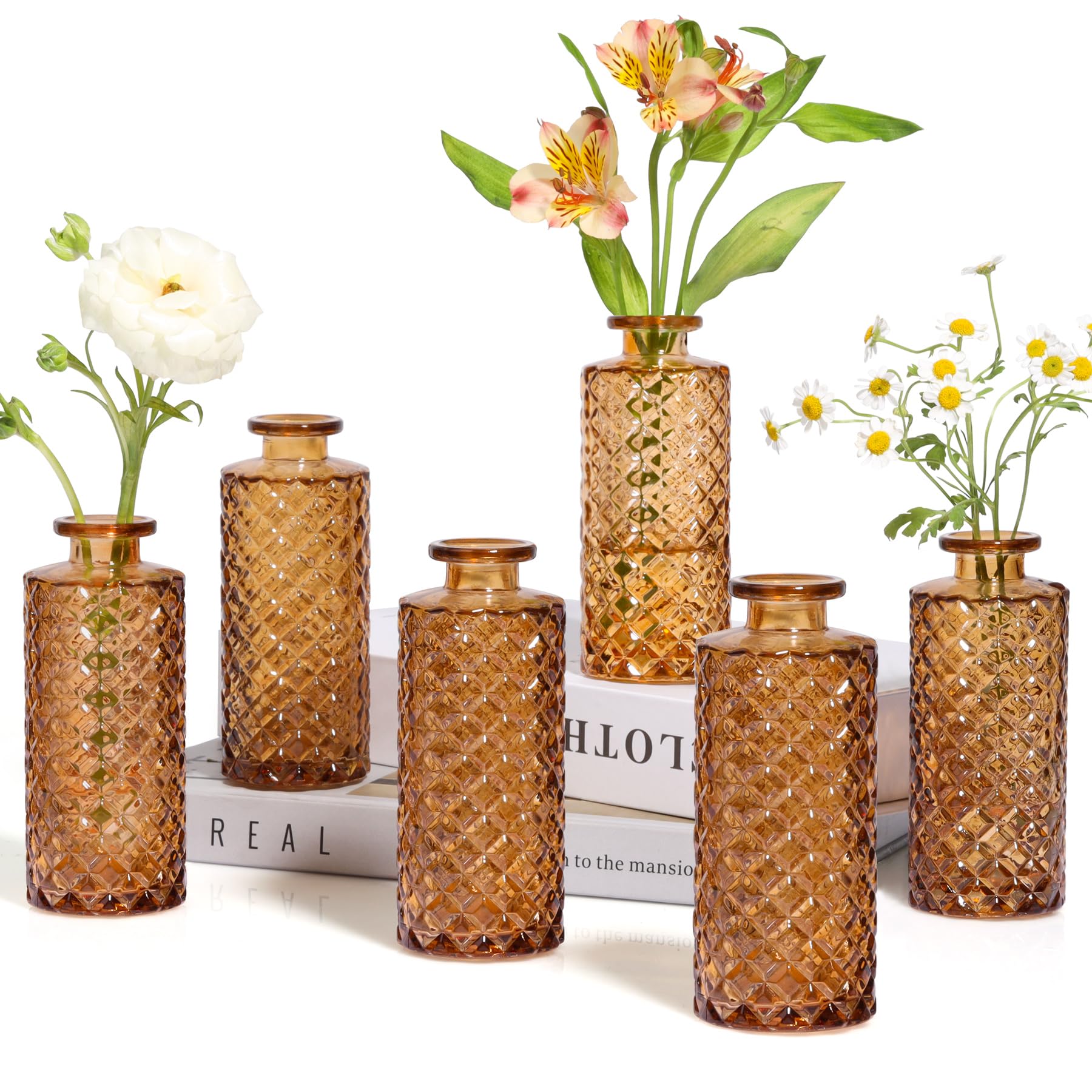 Glass Bud Mini Vases Set of 6 Amber