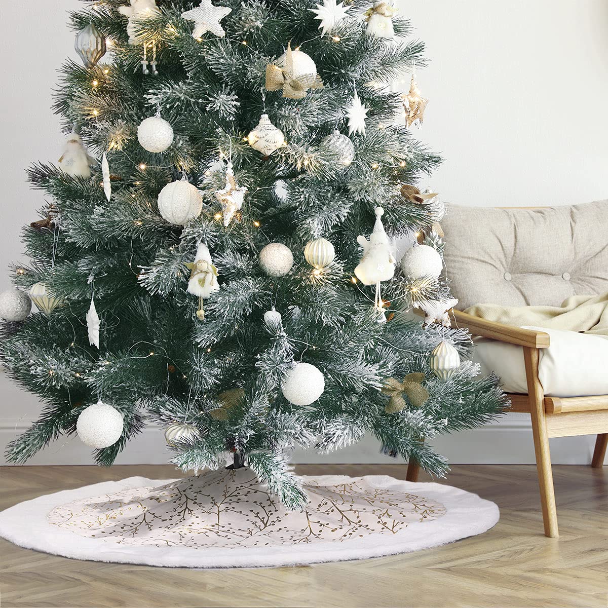 plush faux fur edge Christmas tree skirt with gold and white pattern
