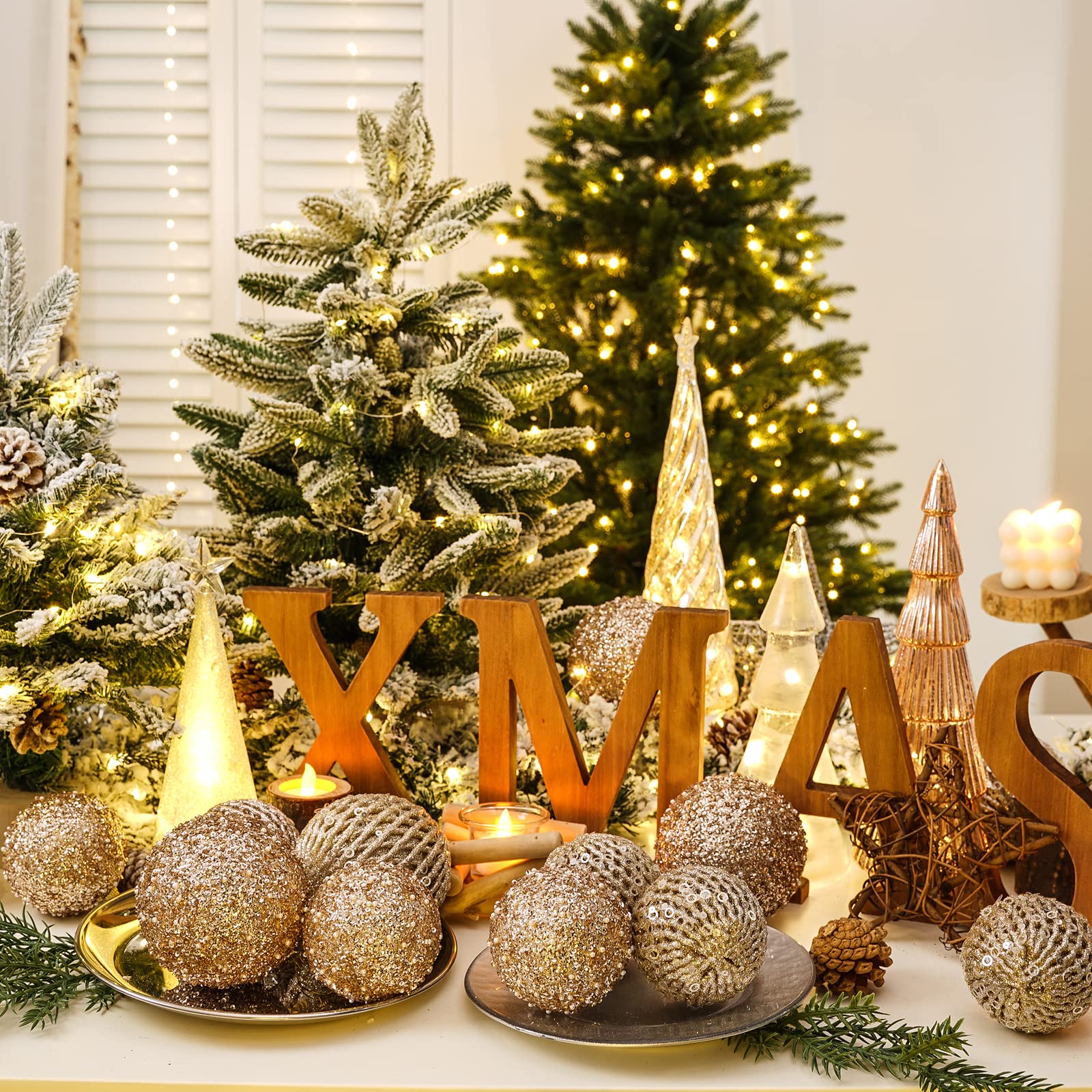 Champagne Gold Glitter Christmas Ornaments for Centerpiece - Holiday table centerpiece idea