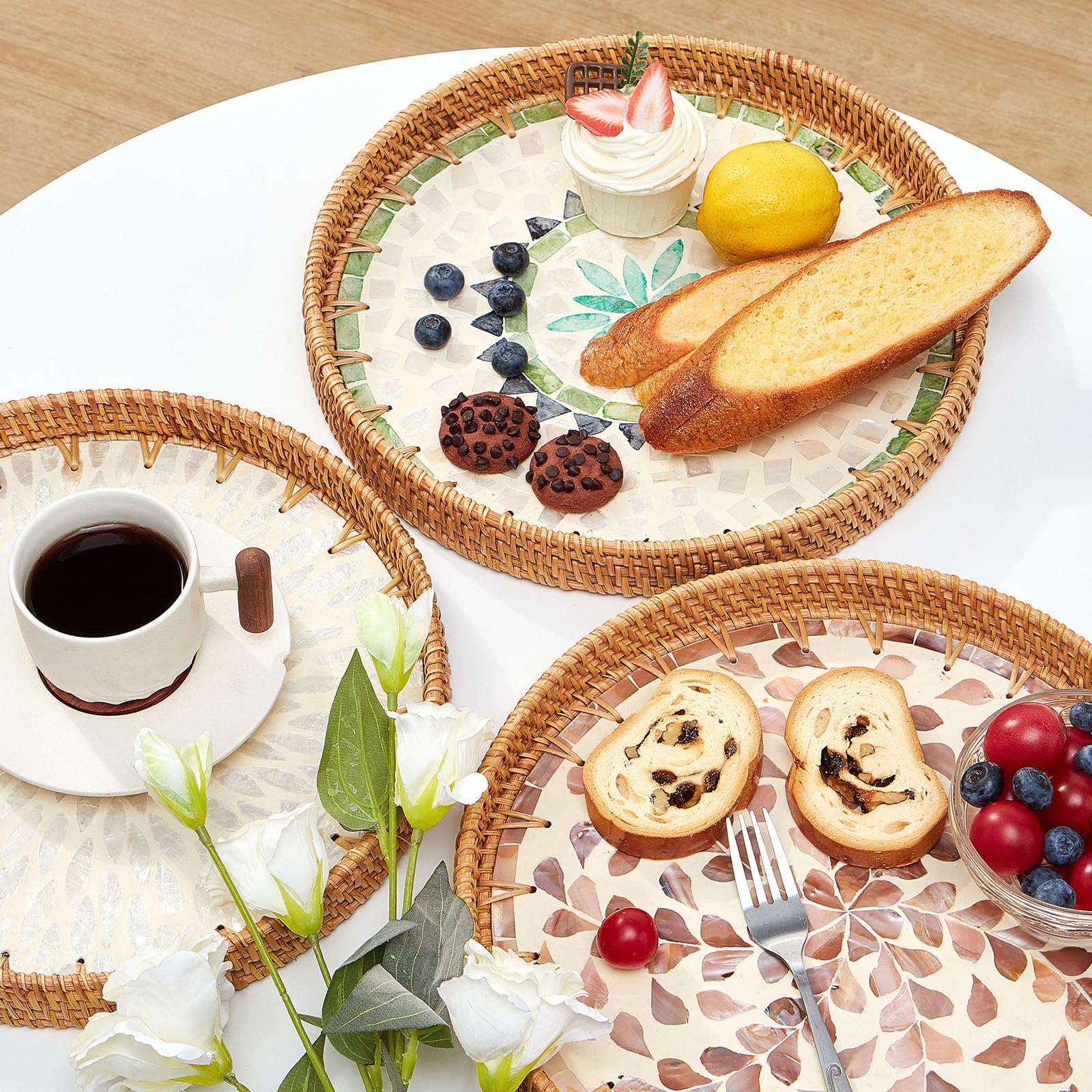 Round rattan serving trays with pattern inlay