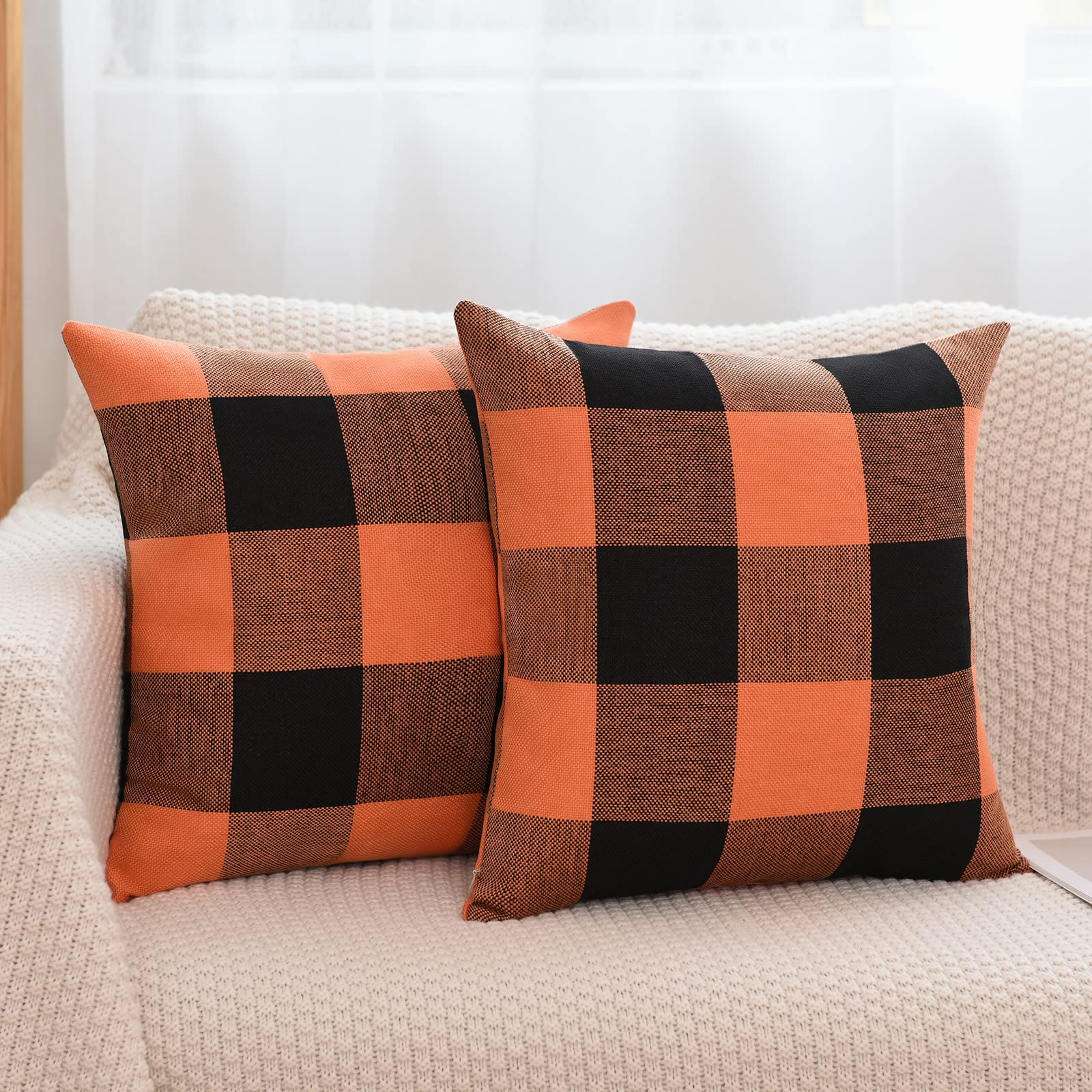 Orange black buffalo plaid throw pillow covers for Halloween