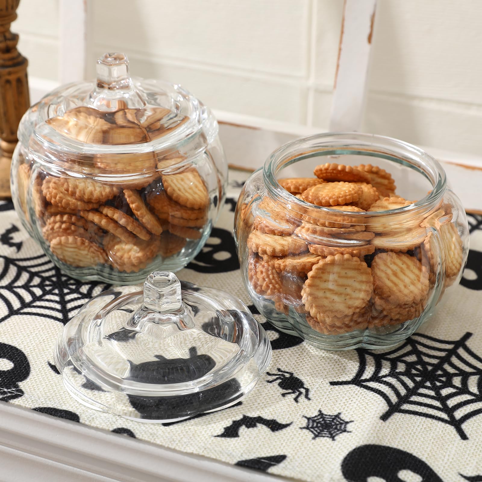 2 PCS Glass Pumpkin Jars with Lid Halloween Candy Storage
