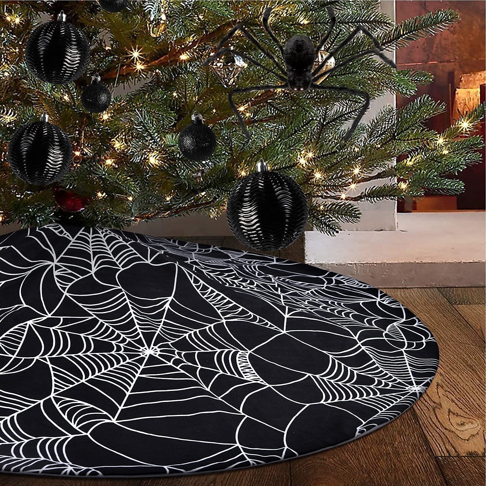 48” Spider Web Tree Skirt, Black Halloween Tree Skirt for 6-7.5 ft Tree