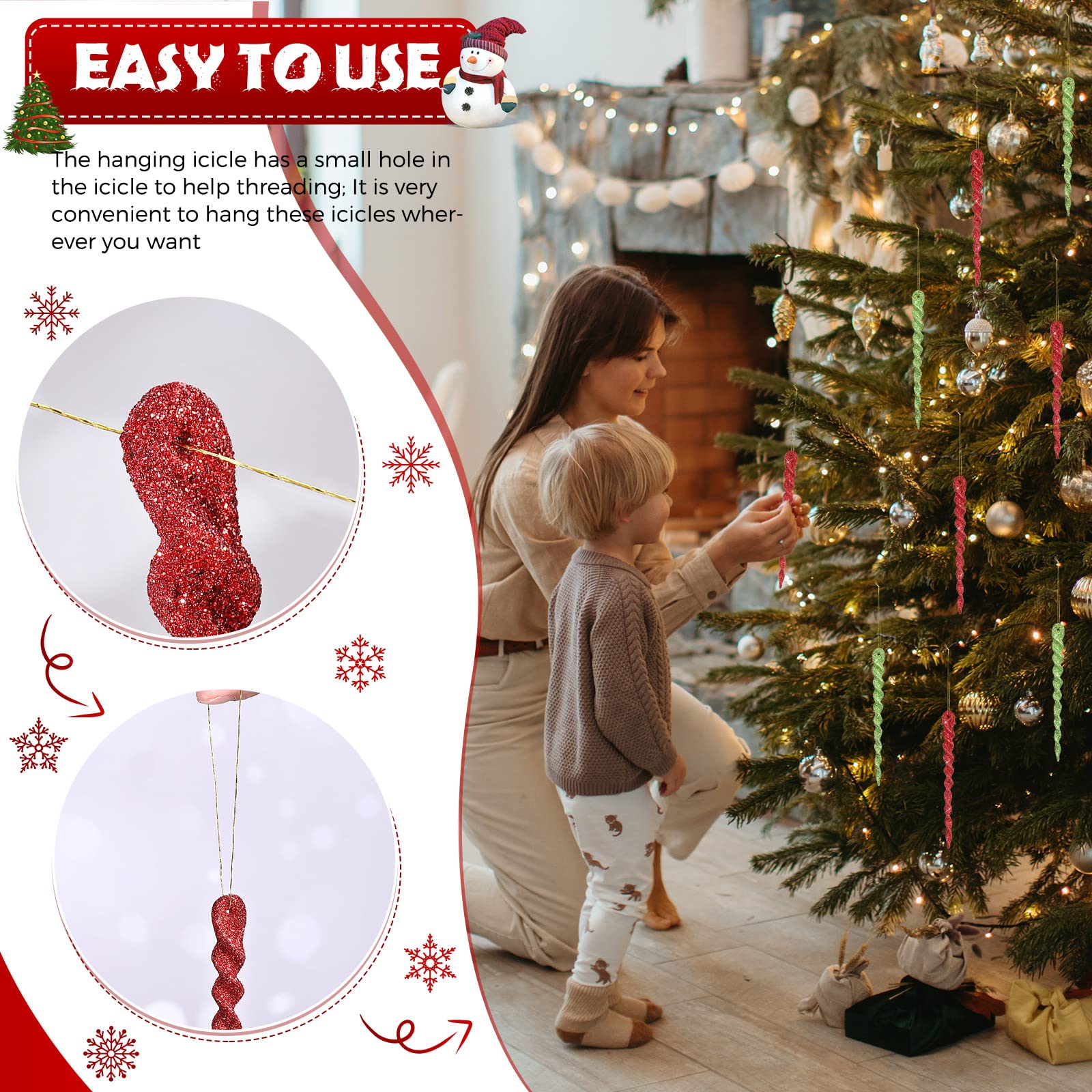 Red and Green Twisted Icicle Ornament Features