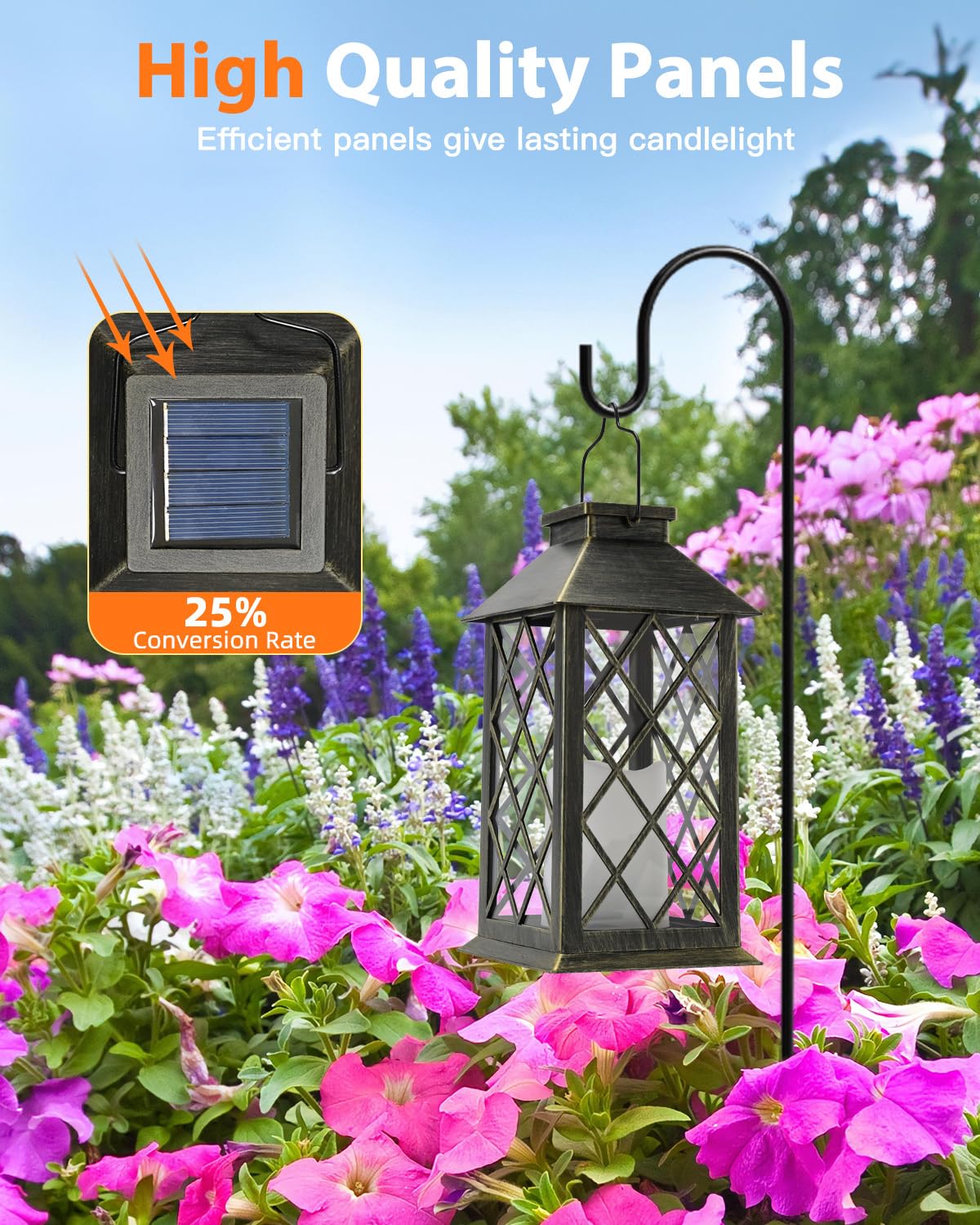 Solar-powered lantern with high-quality panels in a garden setting