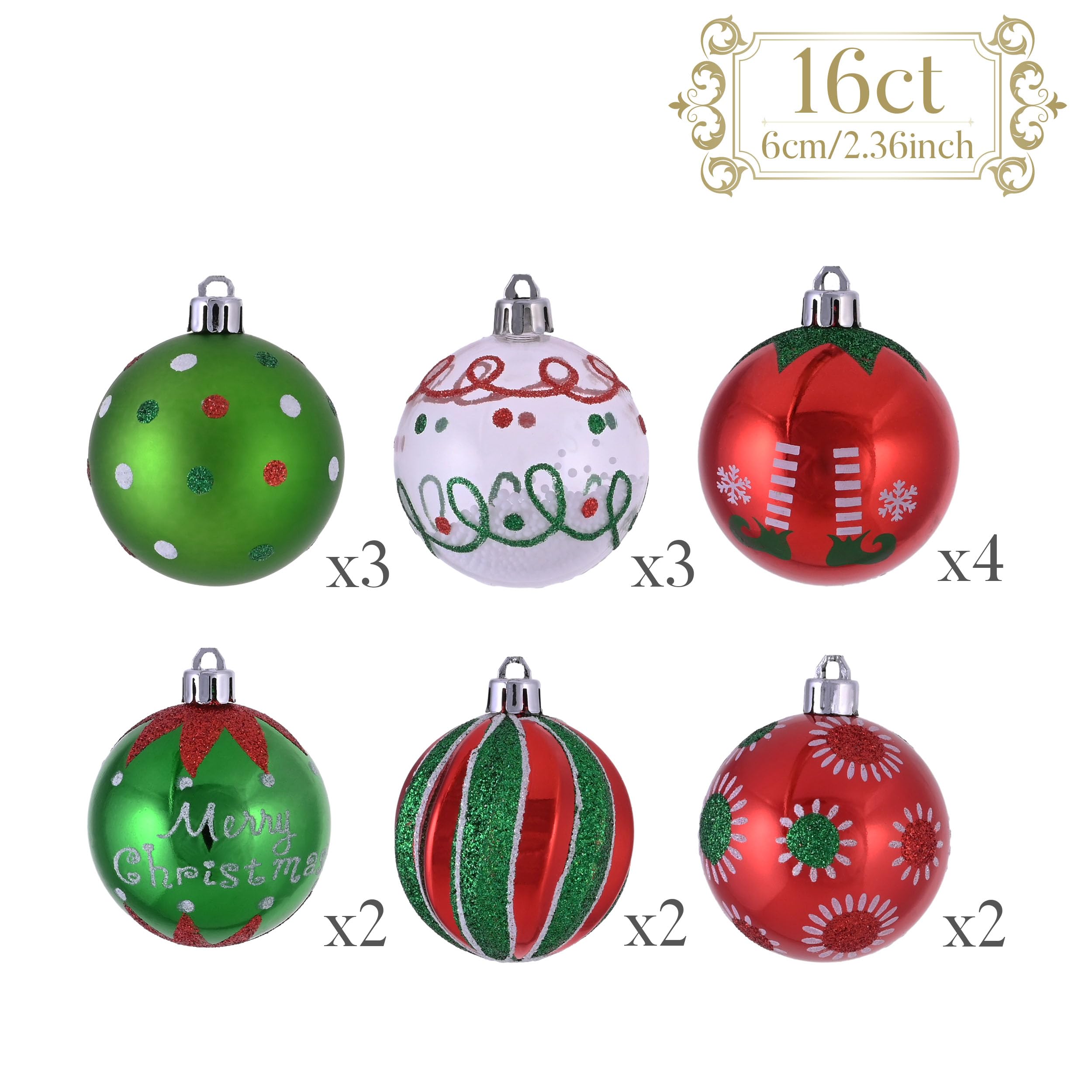16 count white green and red ornaments kit with quantities