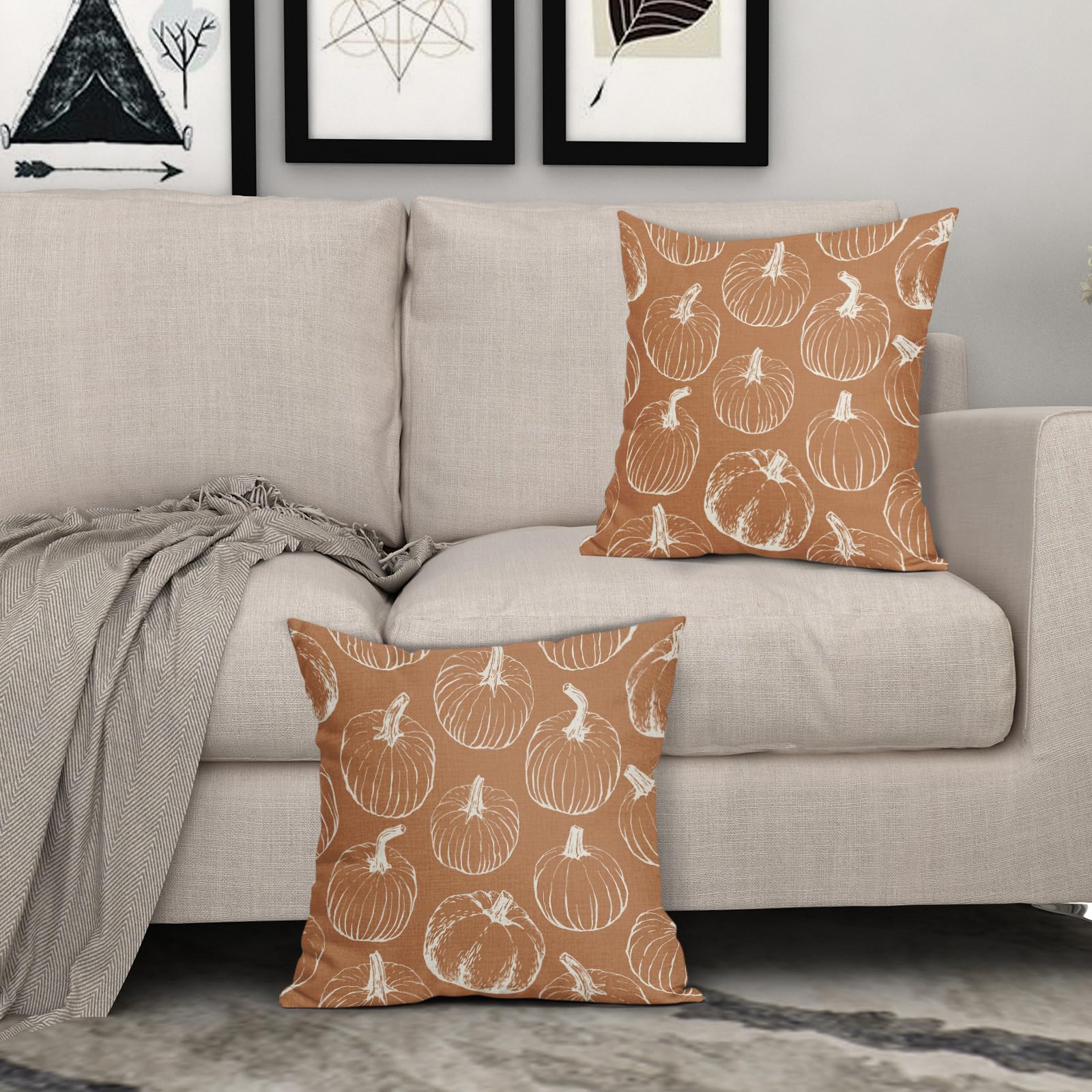 fall throw pillow covers - light orange with white pumpkin pattern