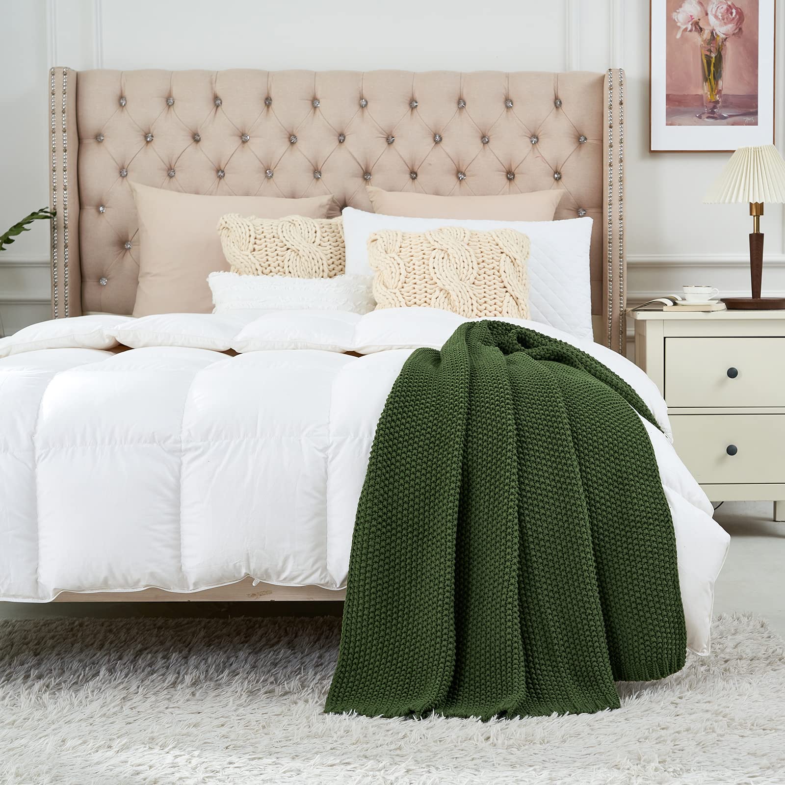 Olive Green Chunky Cable Knit Throw Blanket - cozy fall throw blanket