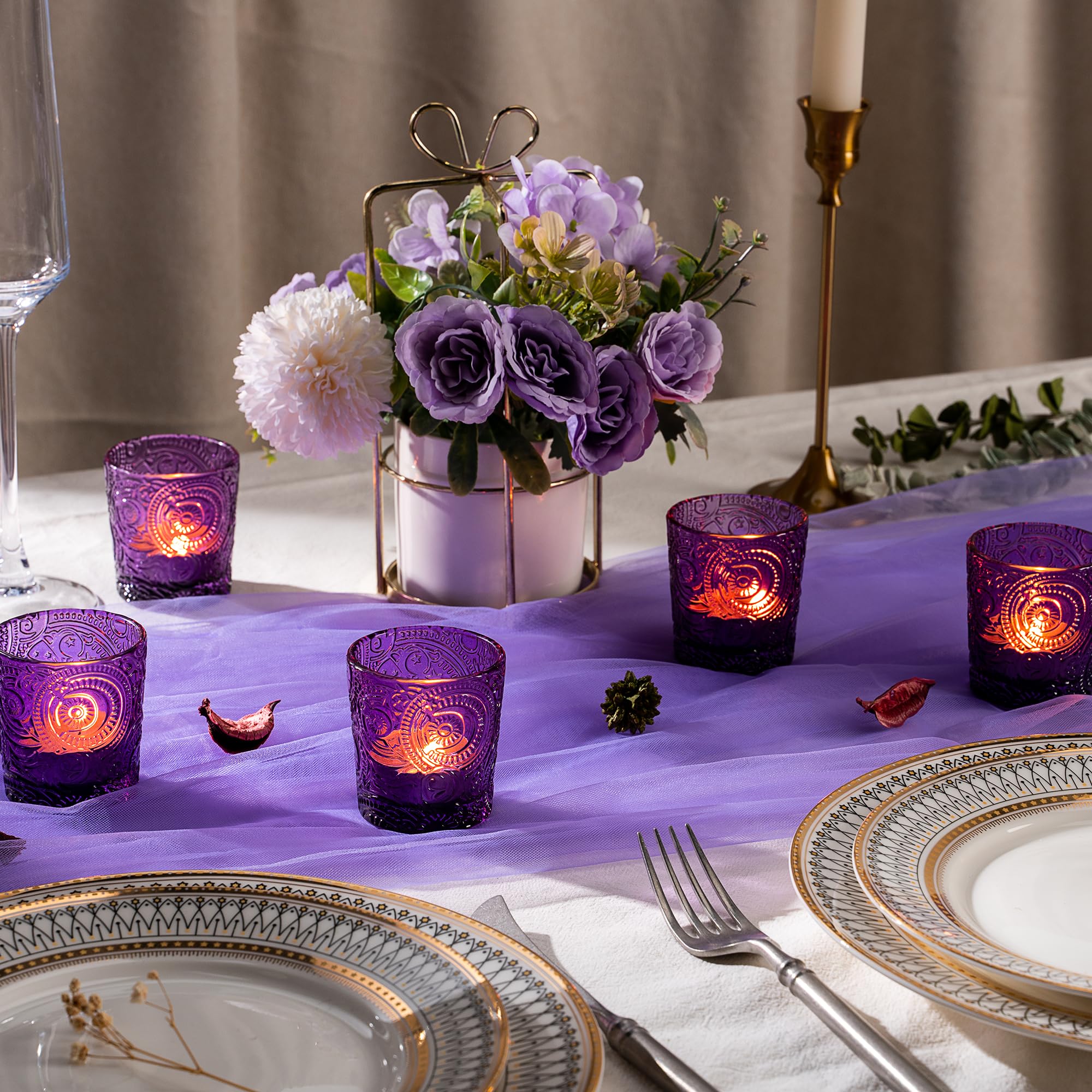 12 Pack Sun Moon Star Embossed Glass Tea Light Candle Holders Amethyst Purple