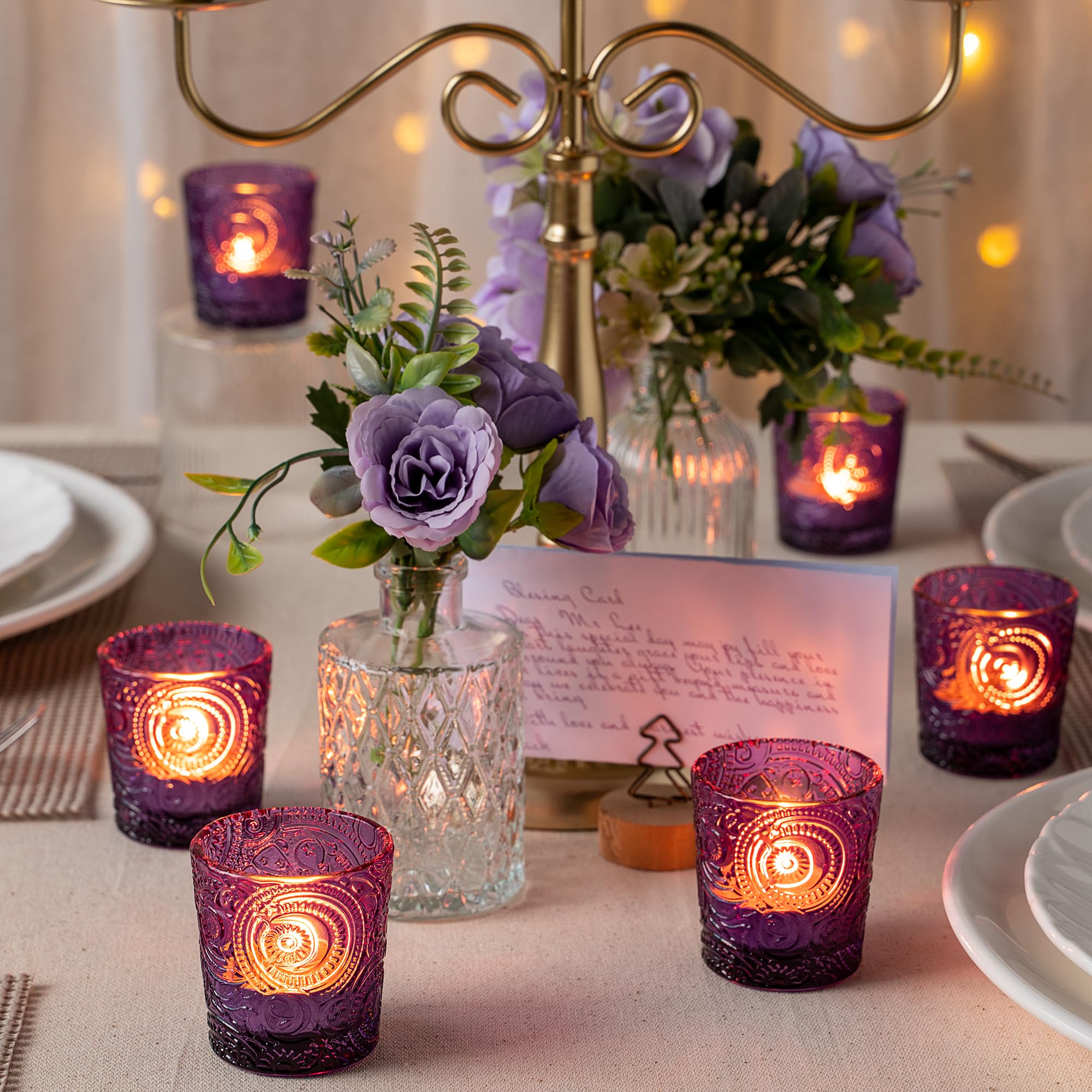 12 Pack Sun Moon Star Embossed Glass Tea Light Candle Holders Amethyst Purple