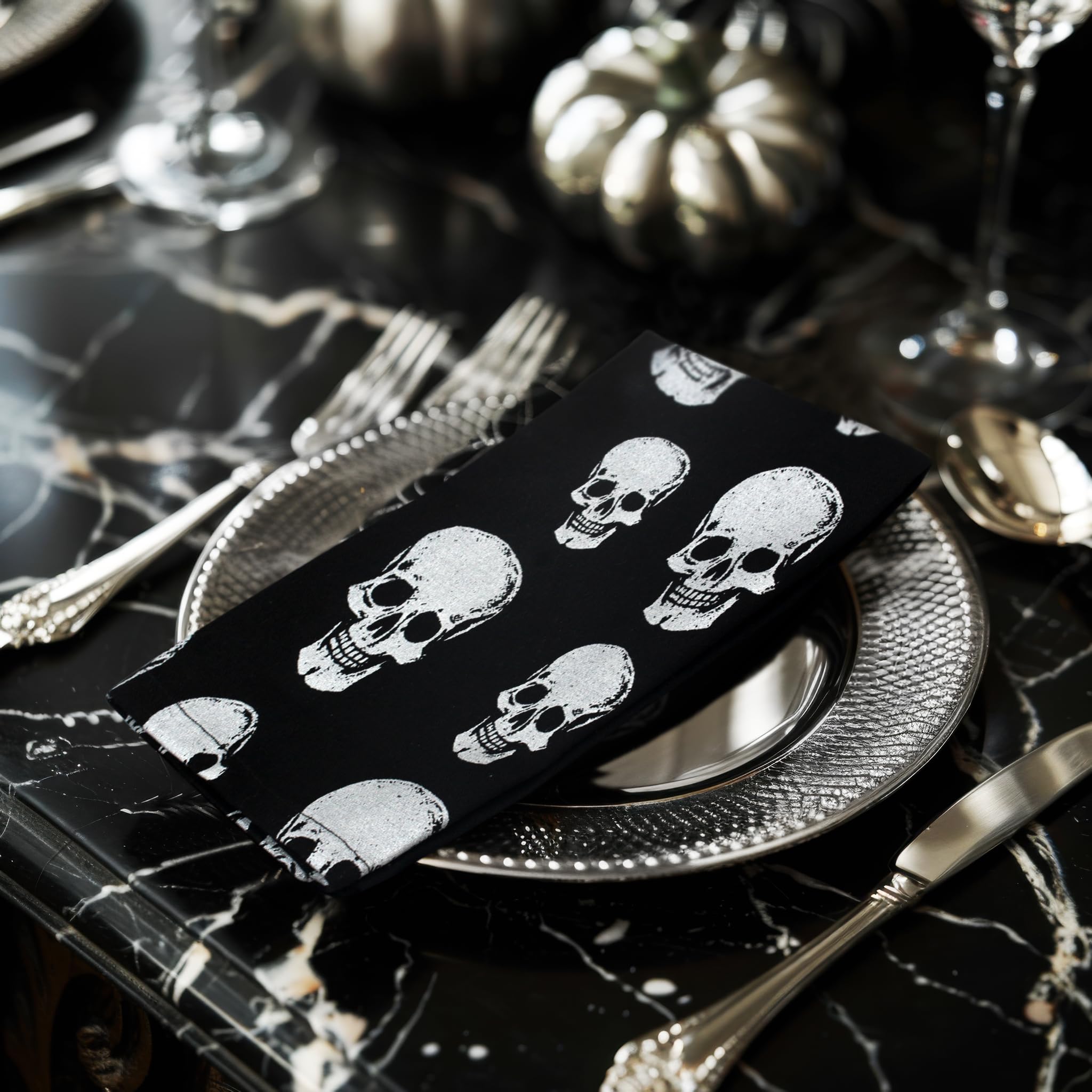 Halloween Cloth Napkins with Skull Print Black and White