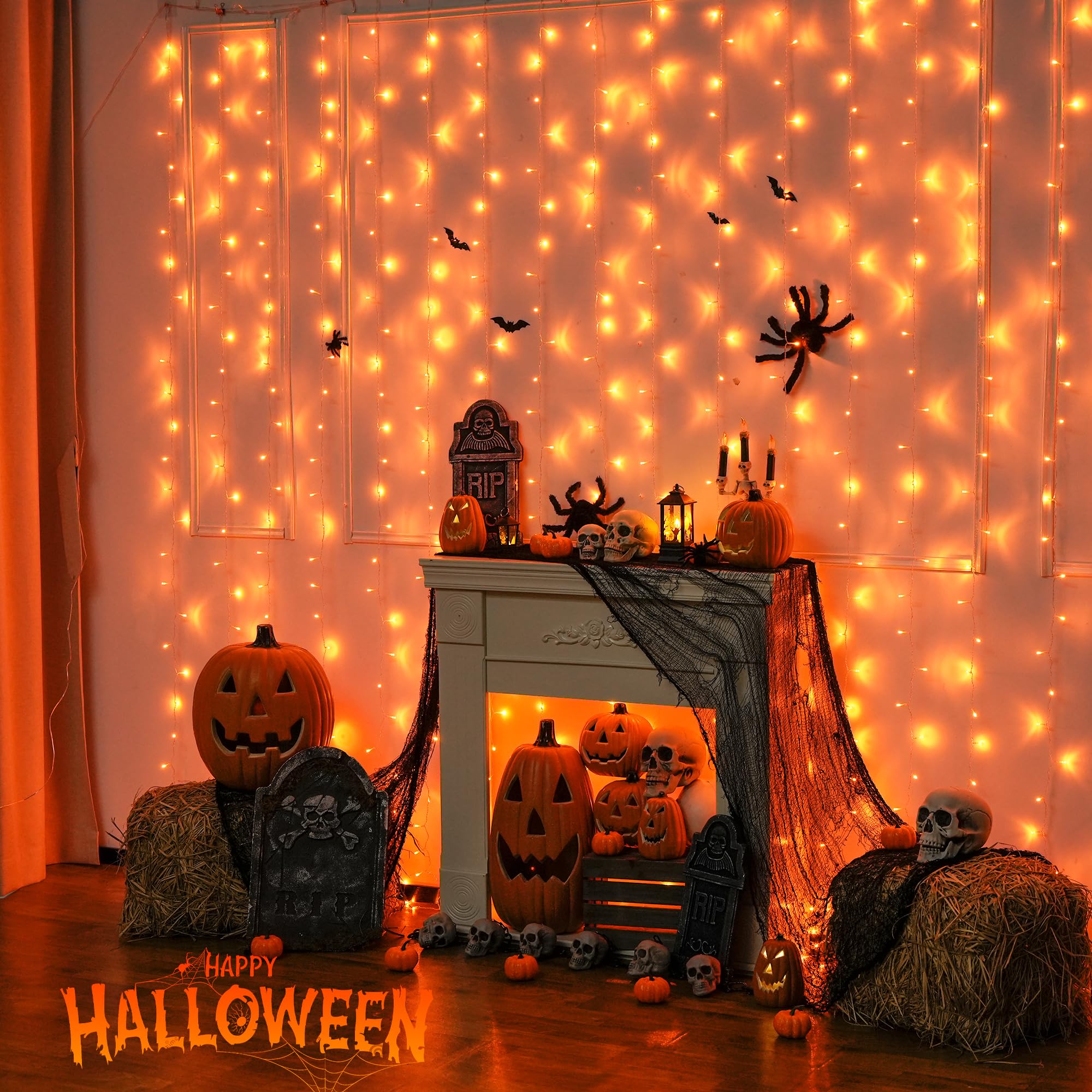 Orange LED curtain lights with remote - Indoor Halloween lights