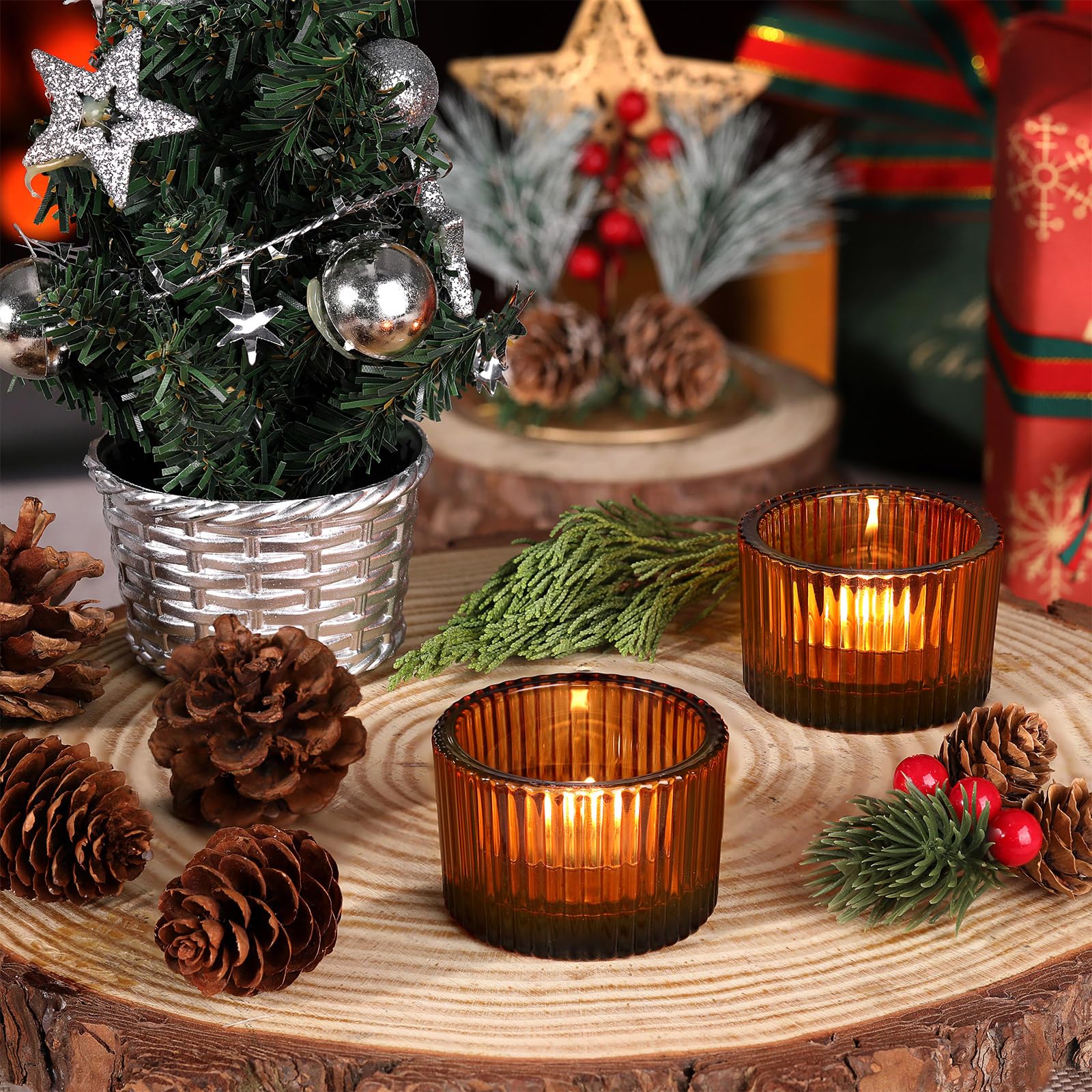 Amber Tealight Glass Votive Candle Holders Ribbed