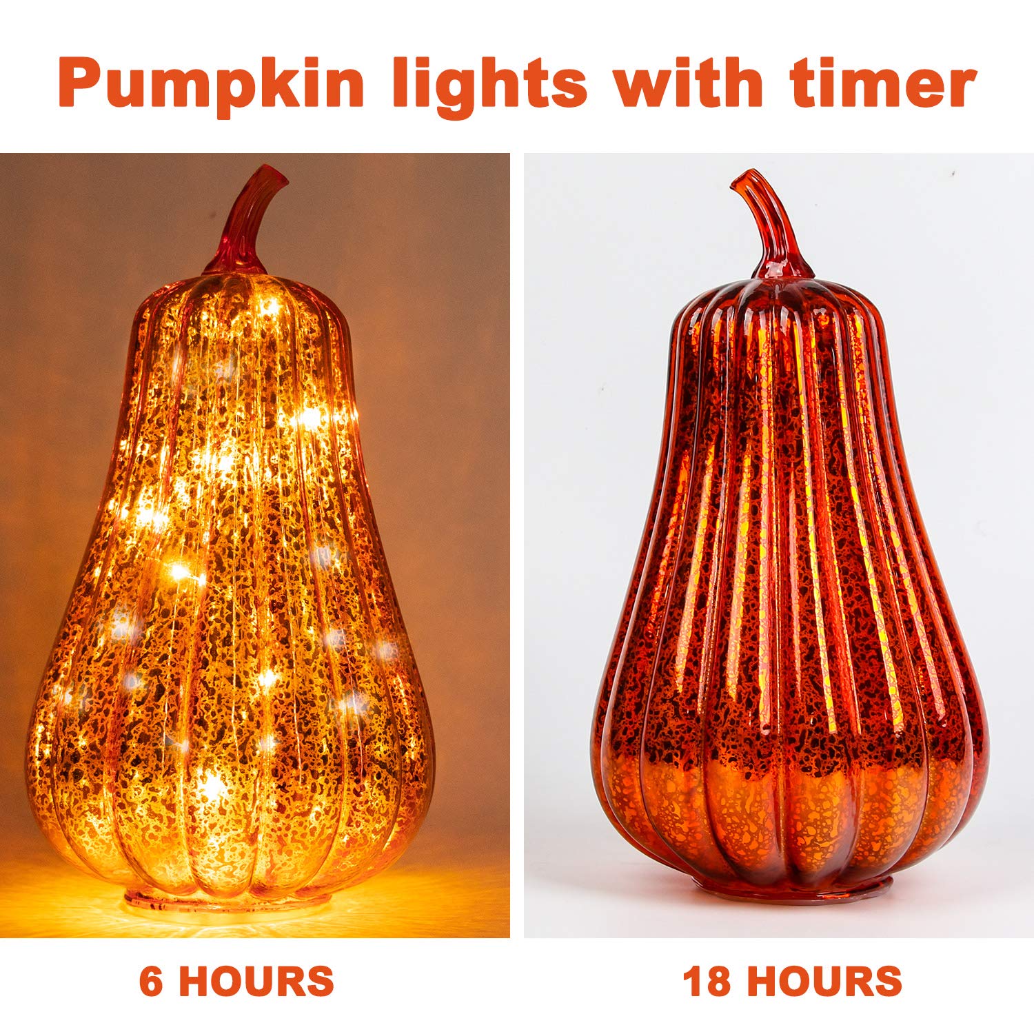 glass pumpkin has lights with timer