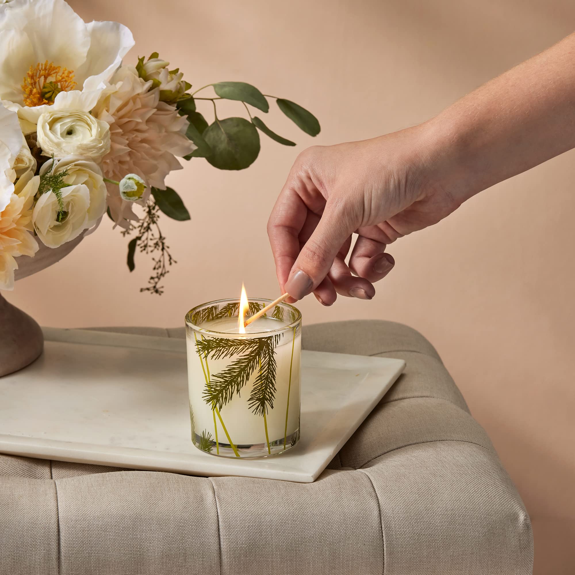 Person Lighting Frasier Fir Pine Needle Holiday Candle