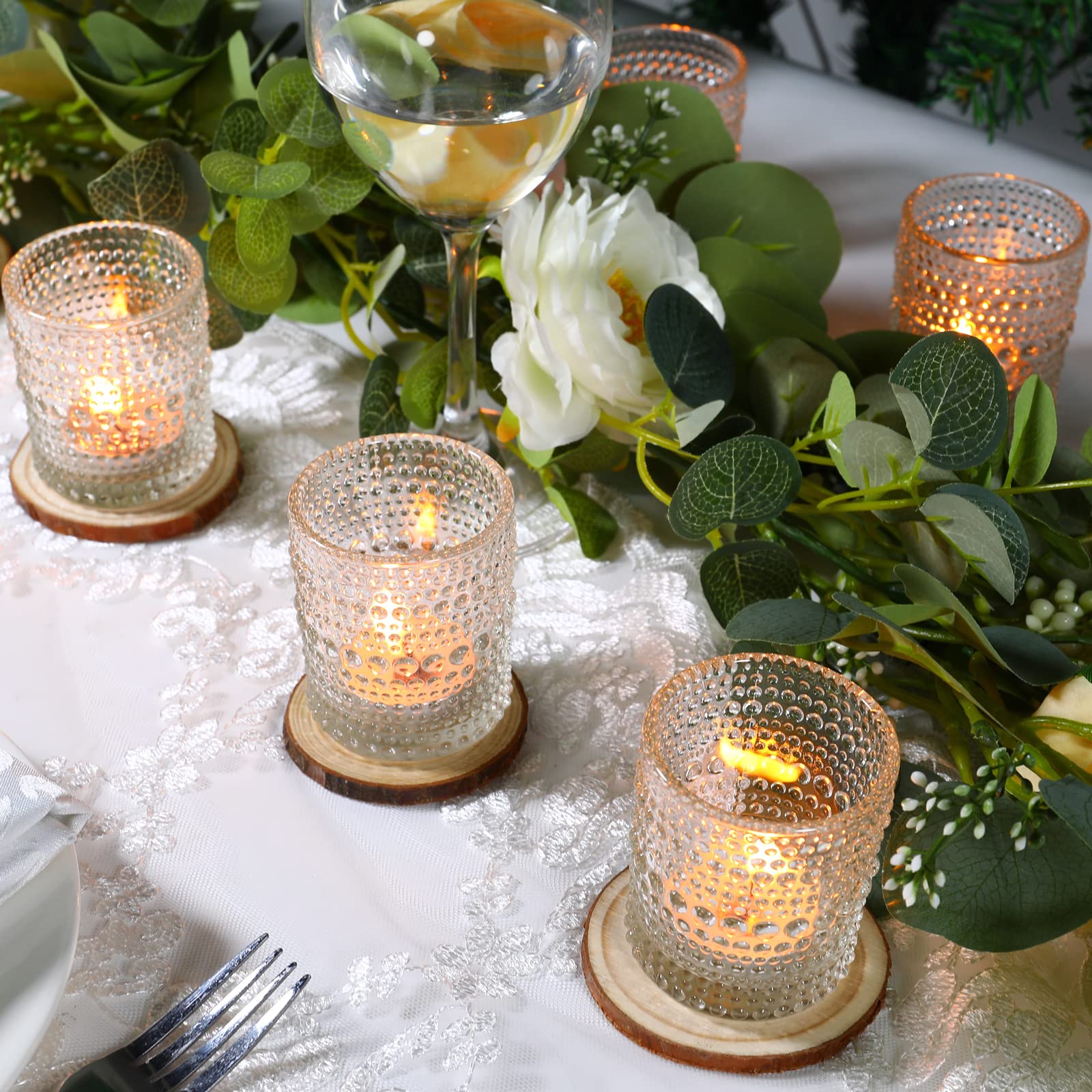 holiday table setting with tea candle glass holders