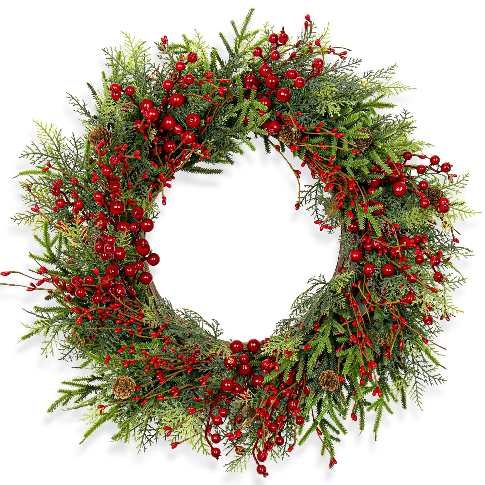 22 Inch Artificial Christmas Wreath with Pine Cones and Red Berries