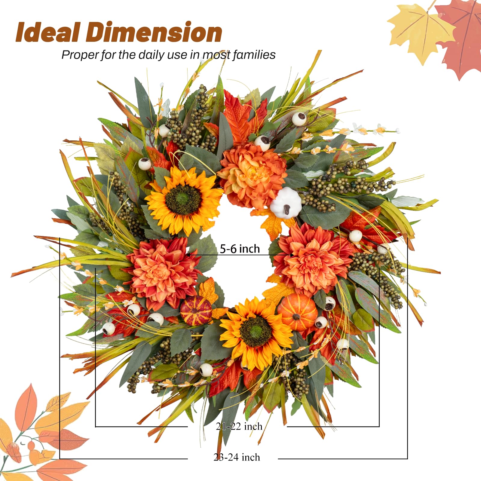 Decorative wreath with autumnal colors and measurements on a white background