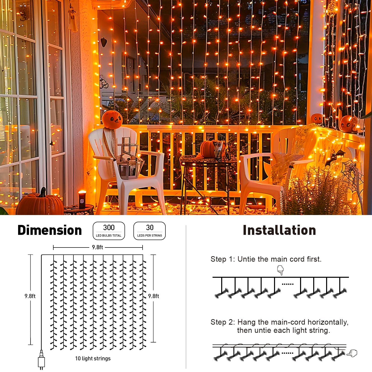 300LED Halloween Curtain Lights with Remote Size