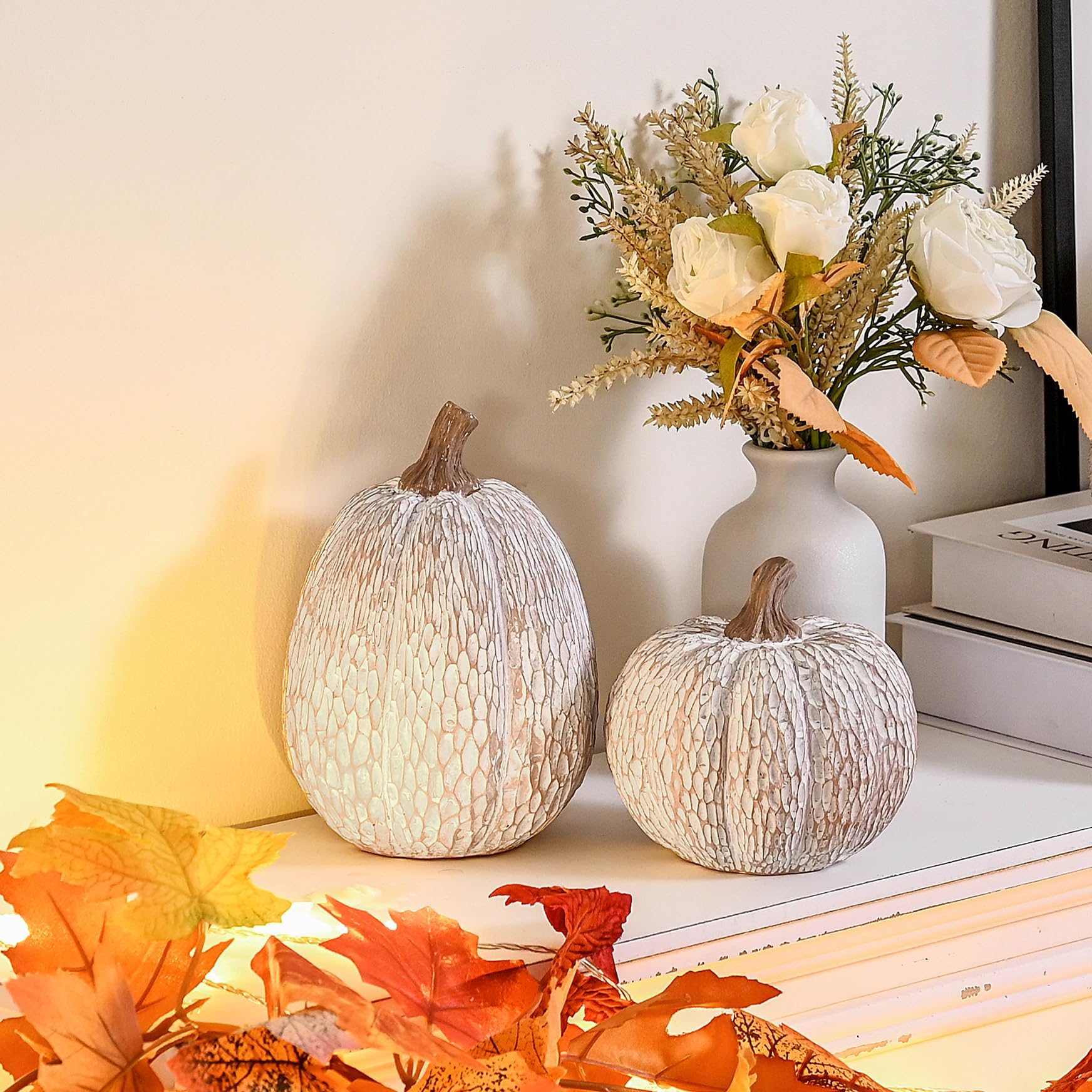 Set of 2 Brown and White Decorative Pumpkins - Fall Farmhouse Pumpkin Decoration
