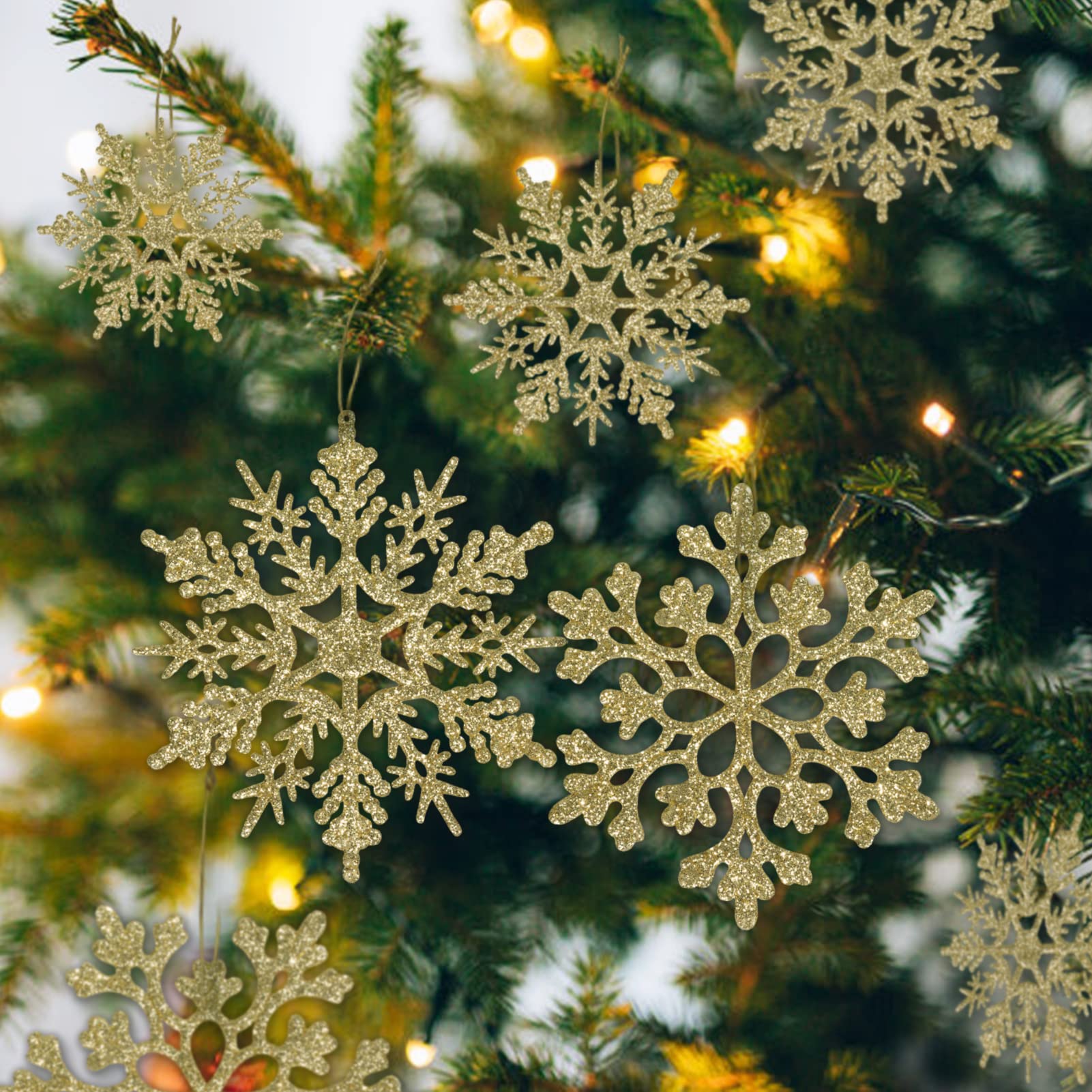 36 Piece Gold Glitter Snowflake Ornaments Set on Christmas Tree
