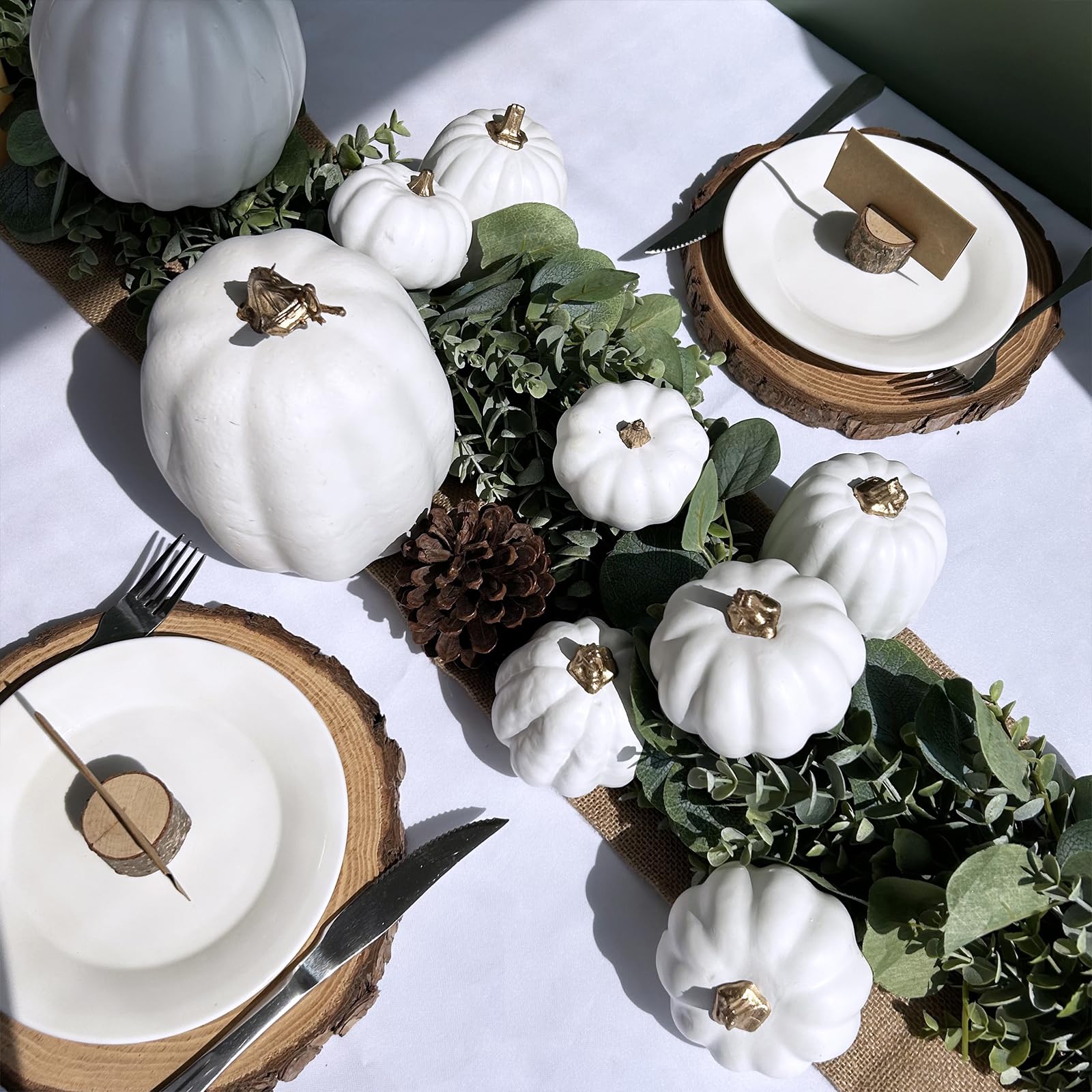 white artificial pumpkins table runner