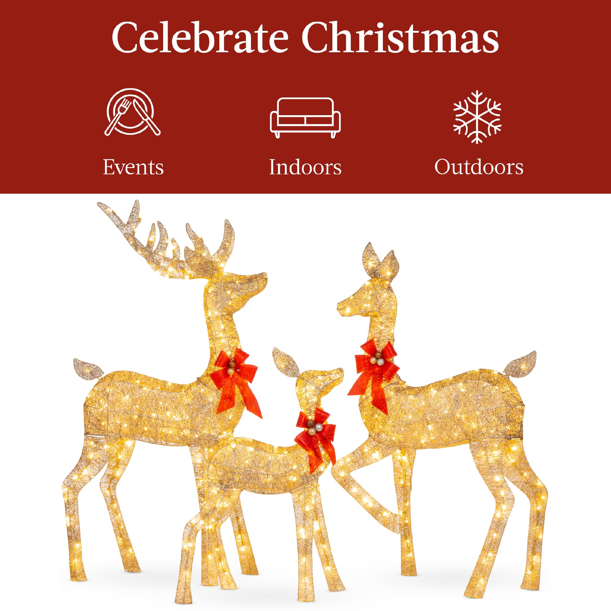 3-Piece Gold Lighted Christmas Deer Set For Indoors, Outdoors or Events