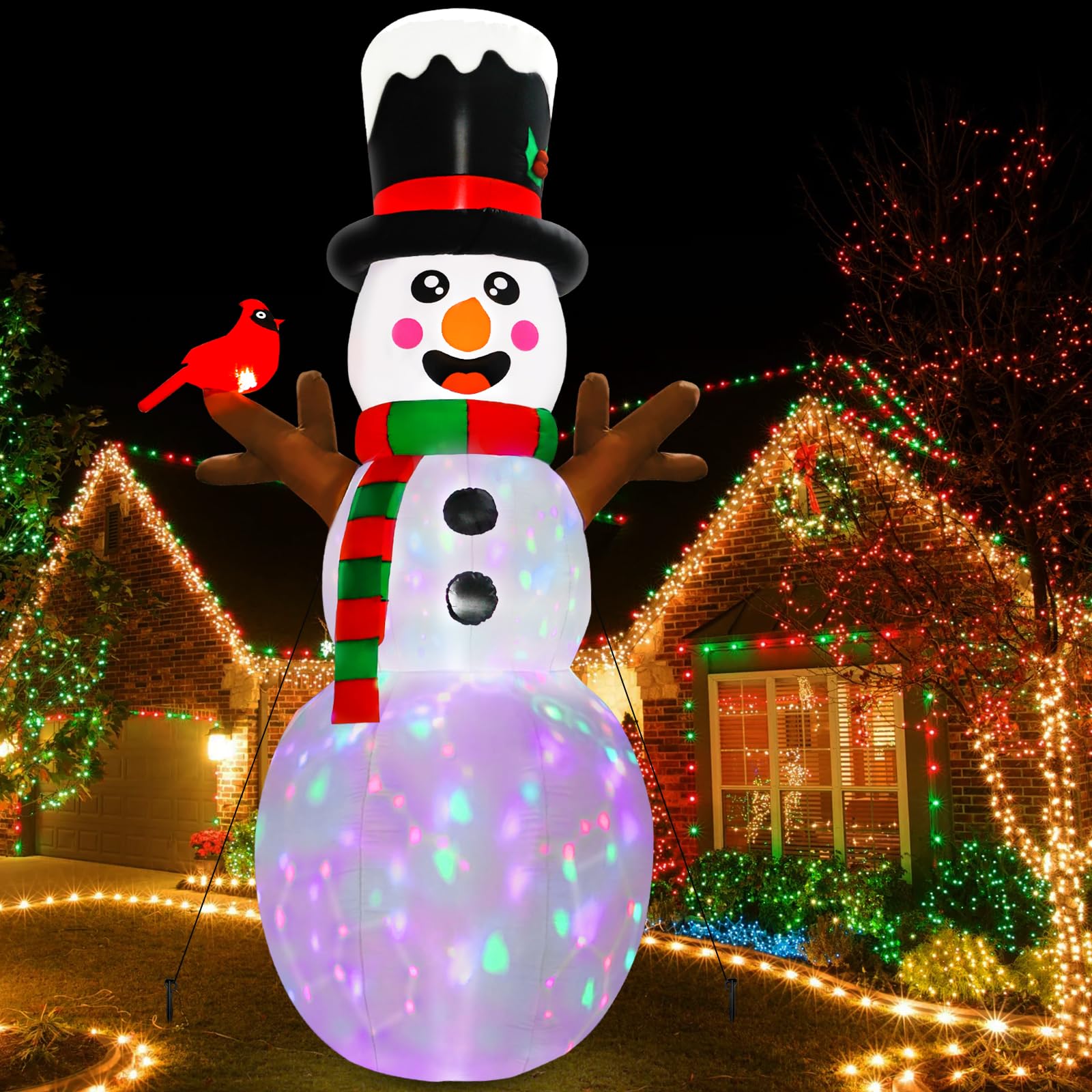 Snowman 12 foot inflatable lights cardinal staked in ground