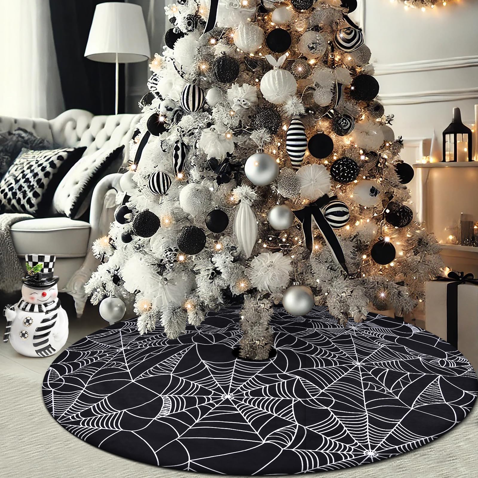 48” Spider Web Tree Skirt, Black Halloween Tree Skirt for 6-7.5 ft Tree