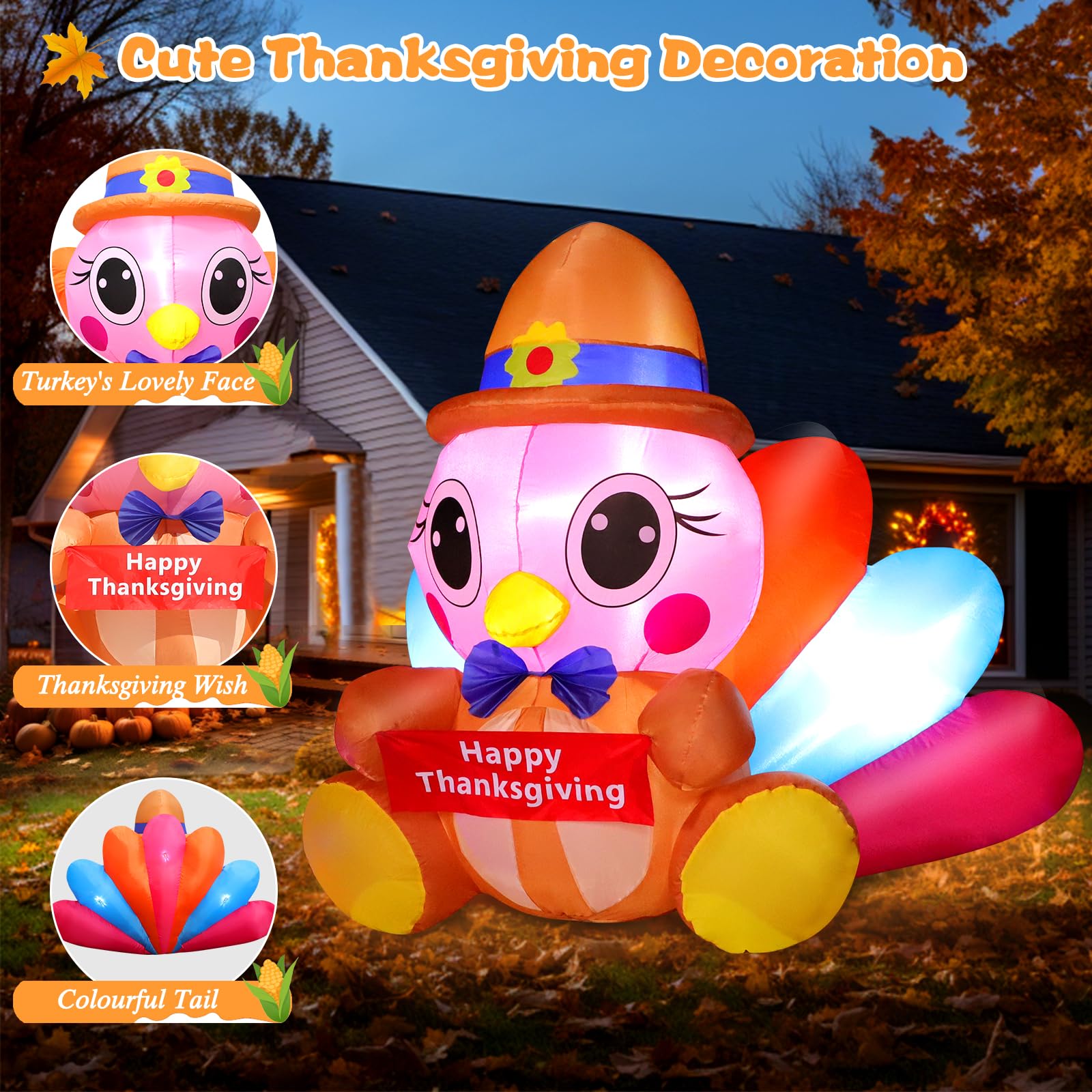 4FT Thanksgiving Inflatable Turkey Decoration - Colorful Tail Bright LEDs