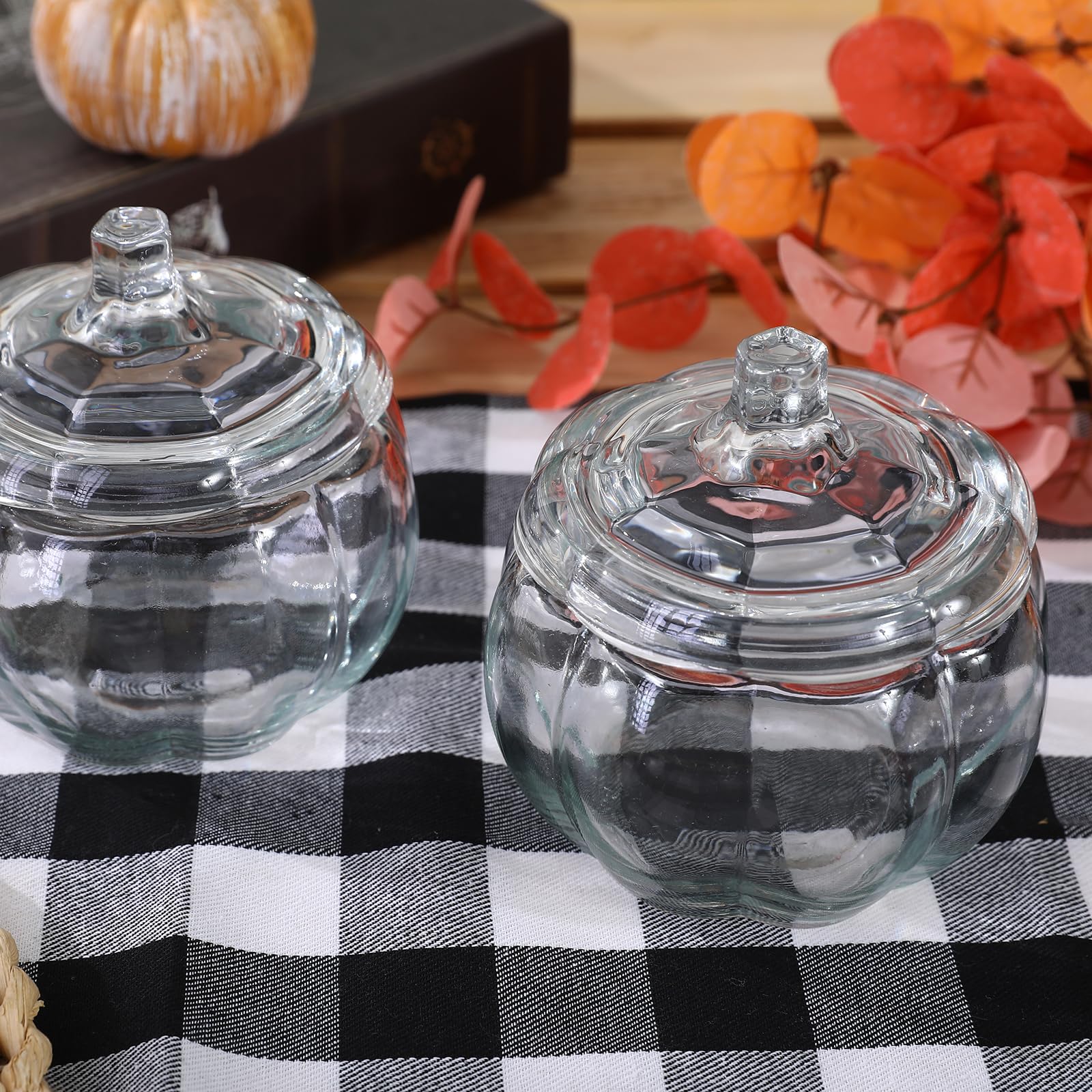 2 PCS Glass Pumpkin Jars with Lid Halloween Candy Storage