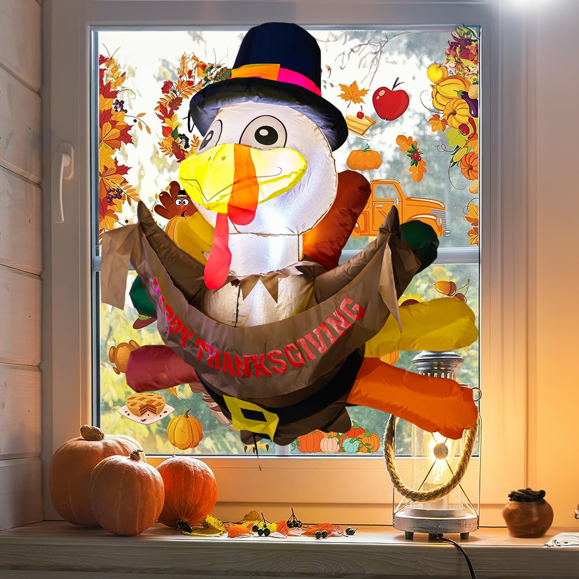 3.5 FT Thanksgiving Inflatable Turkey Window Decor with LEDs