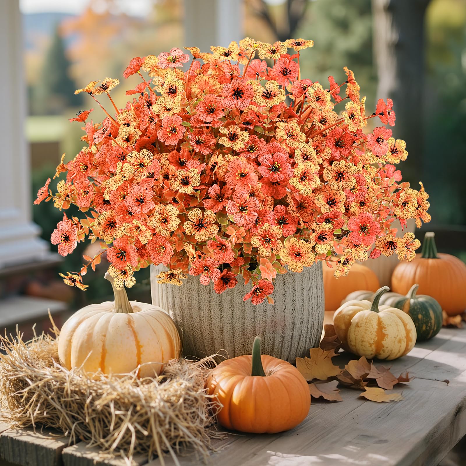 24 Bundles Orange & Red Artificial Fall Mums Flowers for Outdoors Decoration
