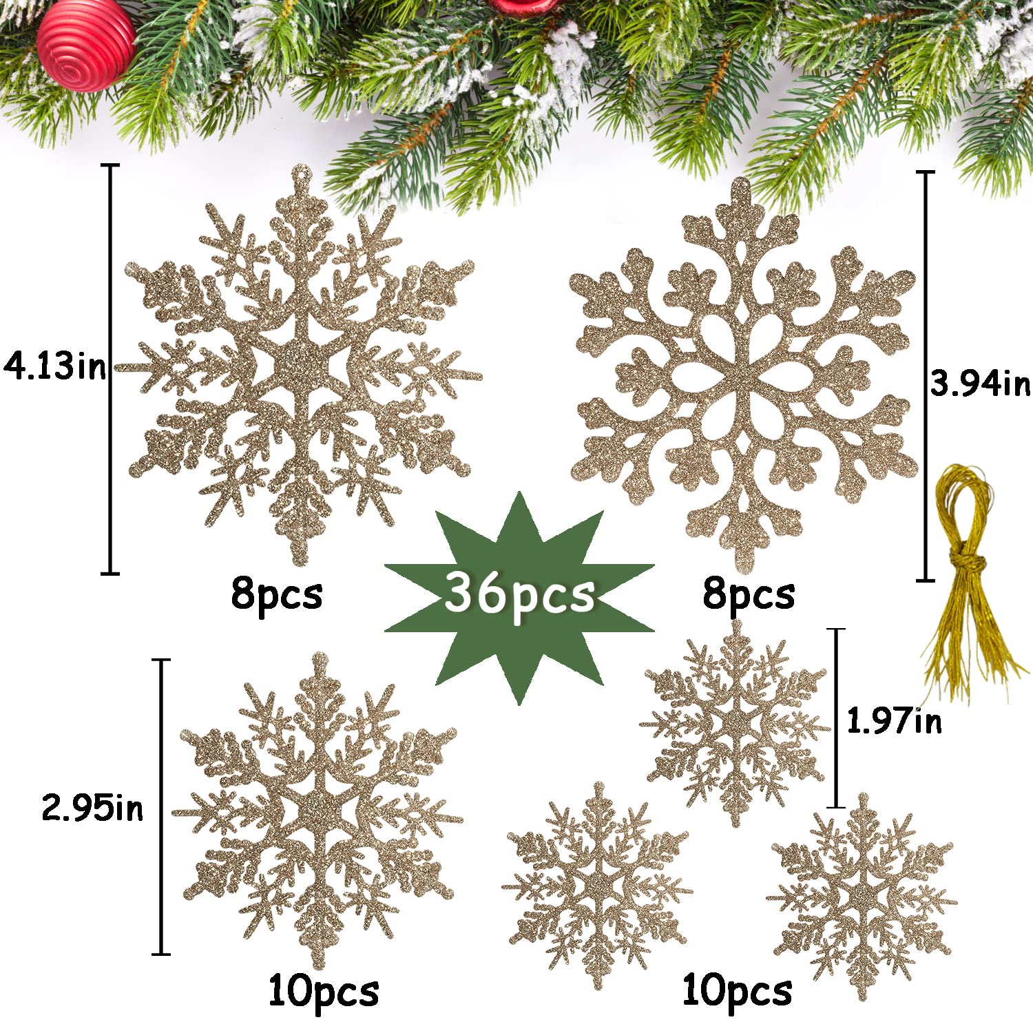 36 Piece Champagne Gold Snowflake Ornaments Sizes