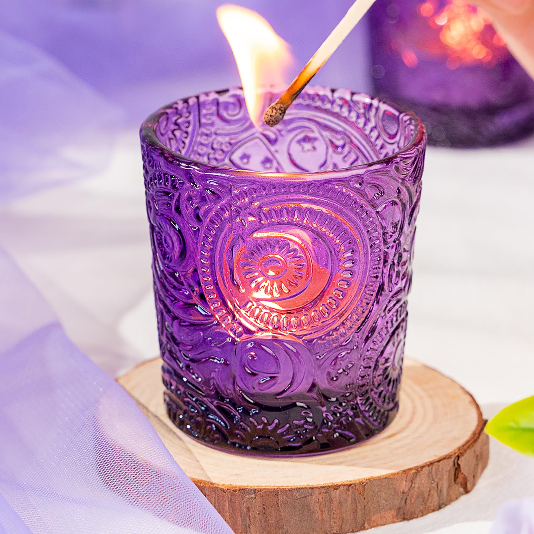 12 Pack Sun Moon Star Embossed Glass Tea Light Candle Holders Amethyst Purple