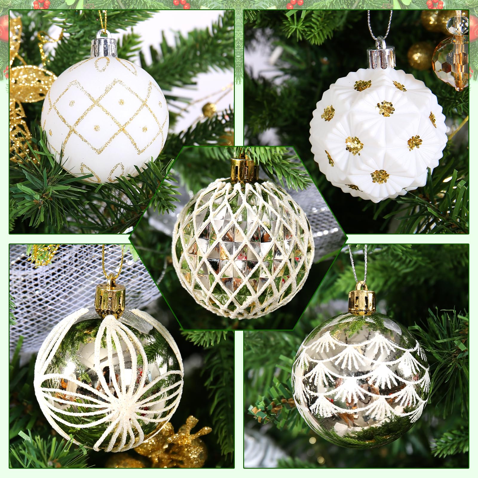 30 Piece White and Gold Christmas Ball Ornaments Set - Design Detail