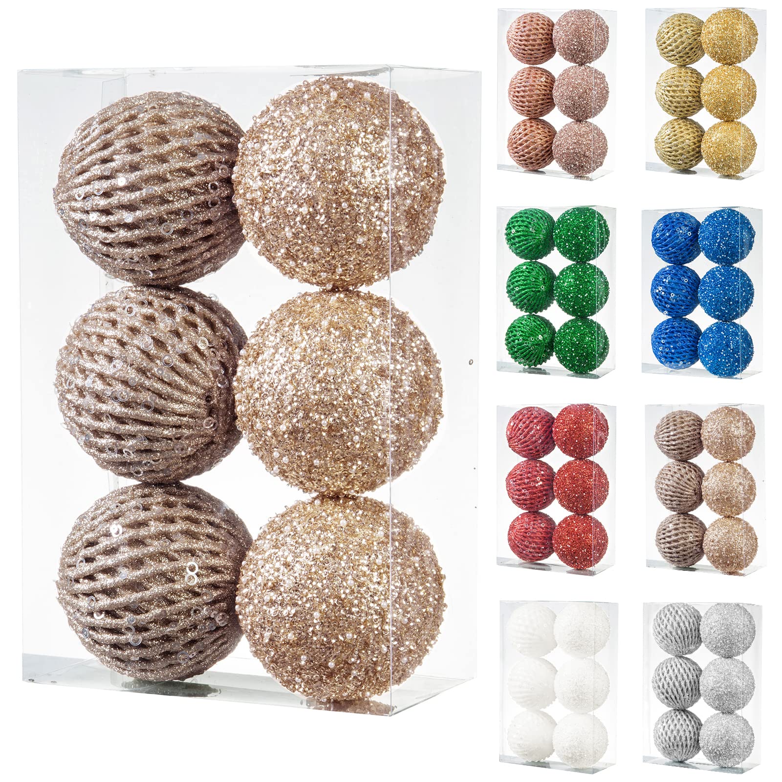 6pcs 3.94" Champagne Gold Glitter Sequin Christmas Ball Ornaments Shatterproof
