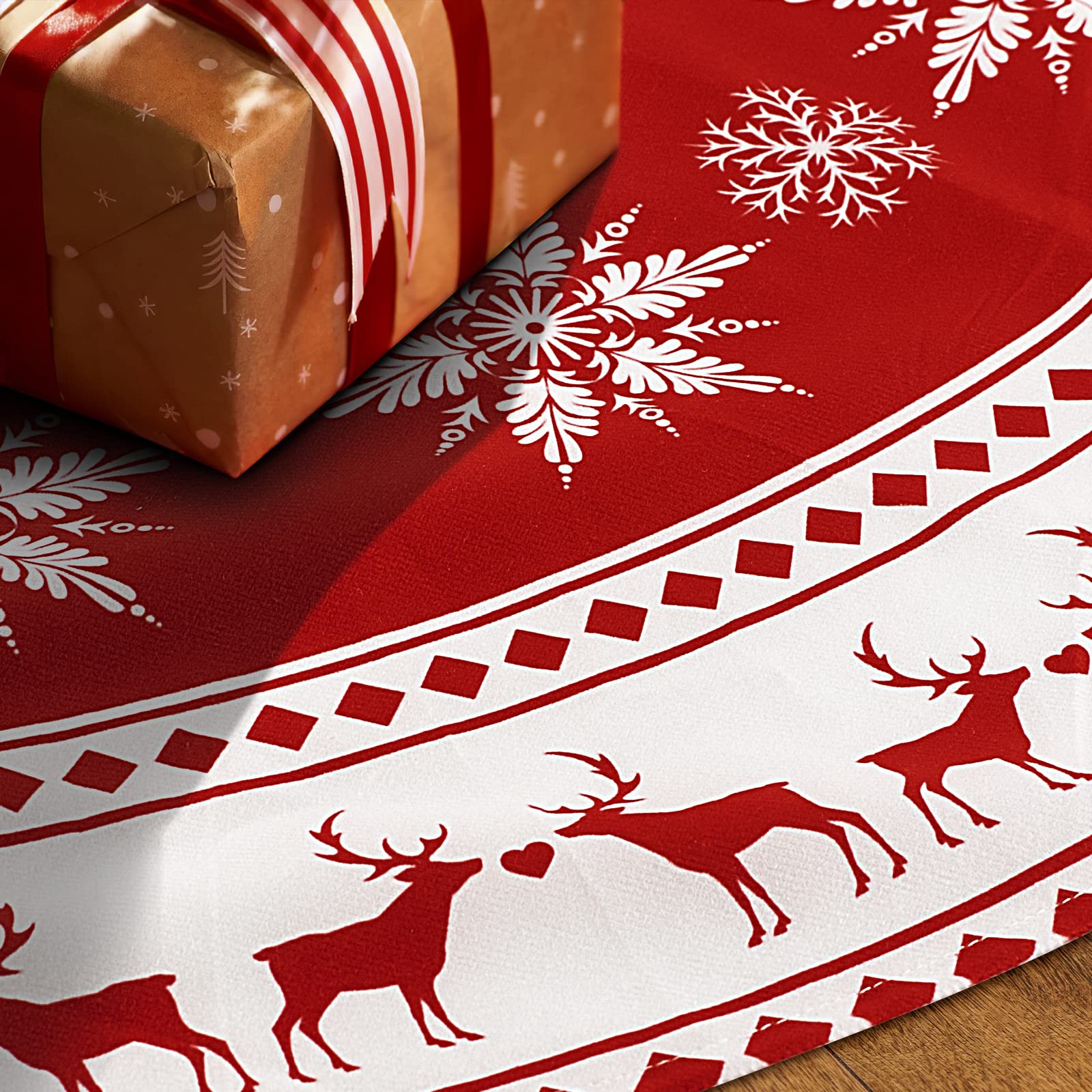 red and white snowflake and reindeer Christmas tree skirt