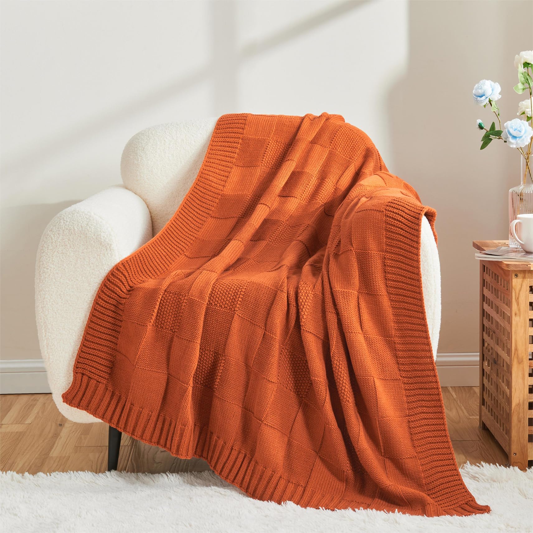 Fall throw blanket - knitted rust orange checkered pattern throw blanket