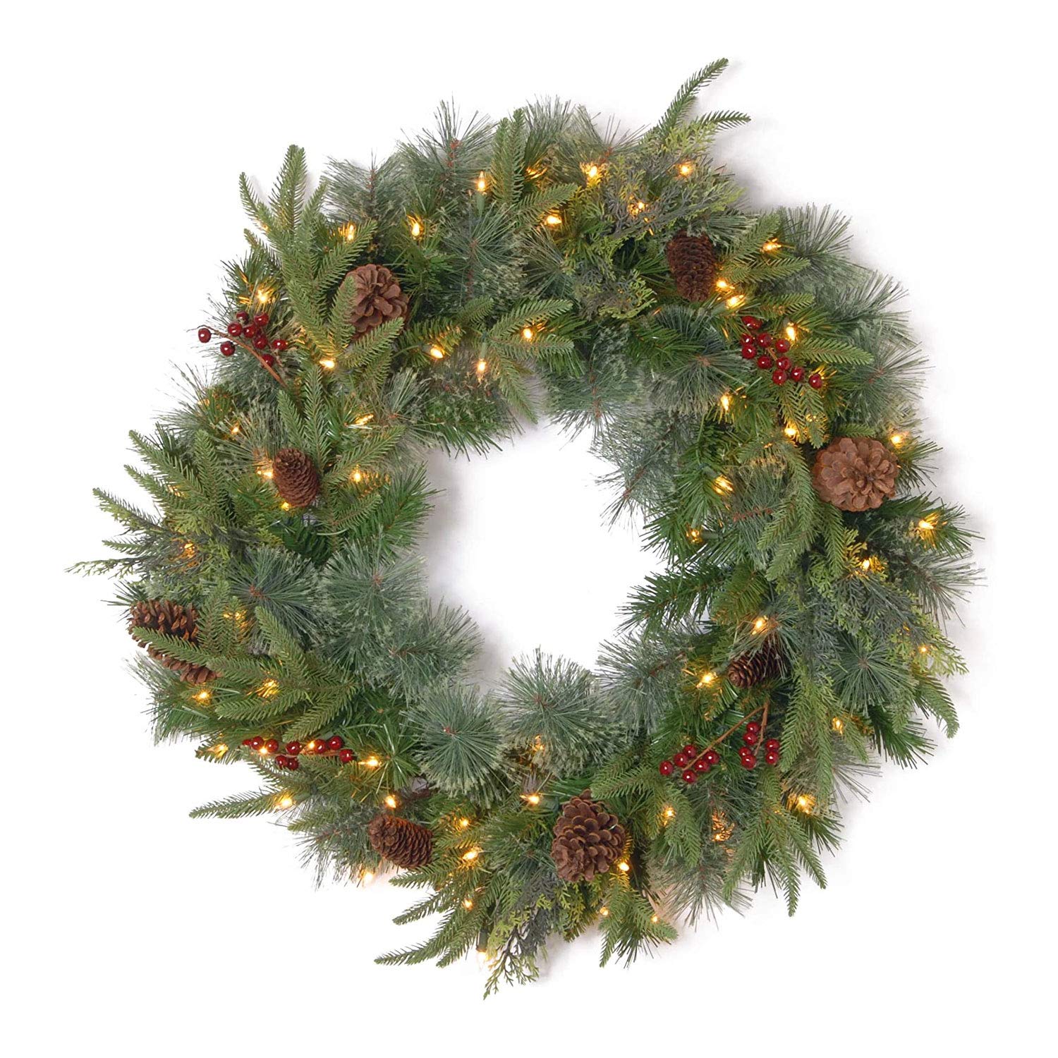 Pre-Lit Artificial Christmas Wreath, Green, Fir, White Lights with Pine Cones, Berries 24 Inches