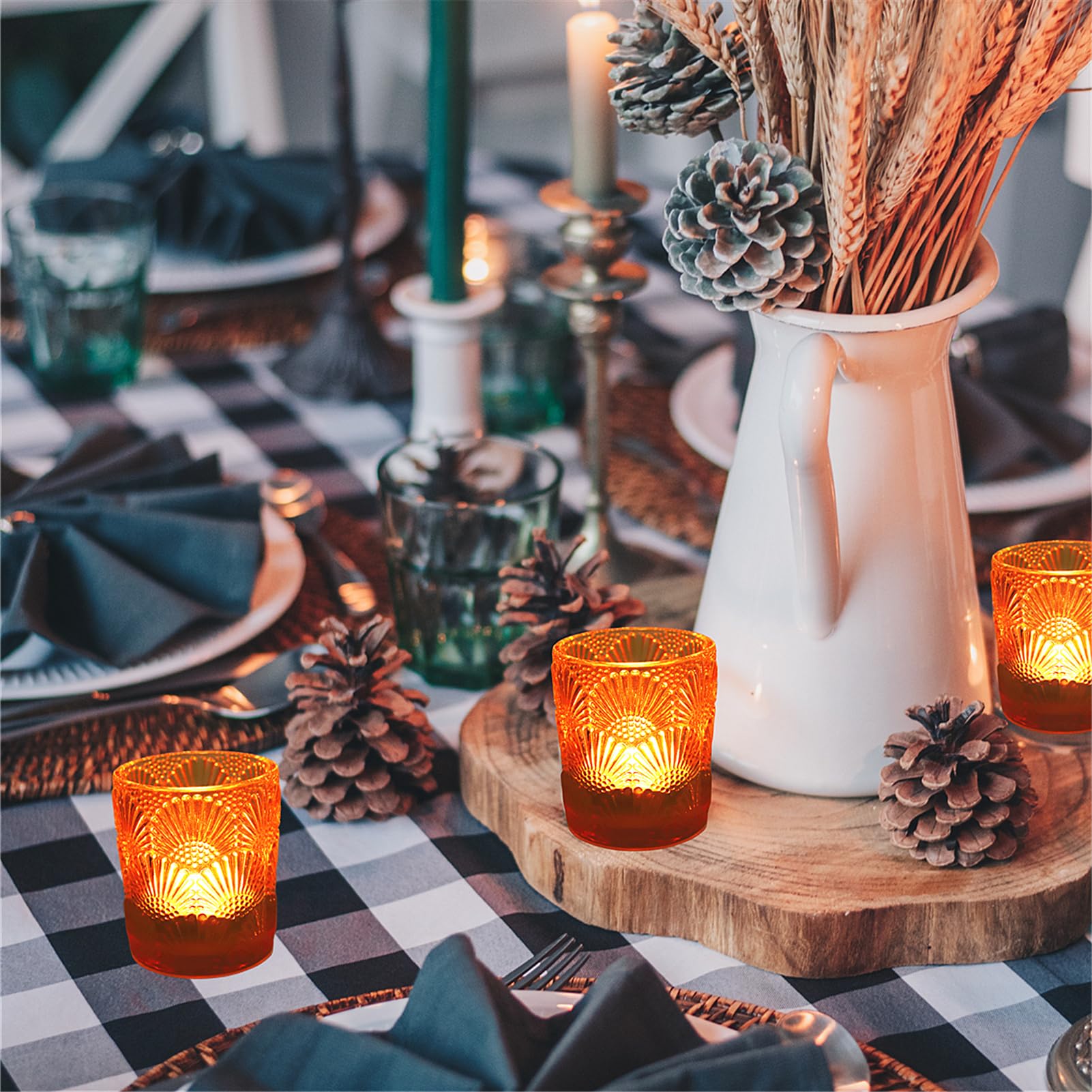 tealight amber glass votive candle holders for fall and Thanksgiving table decor