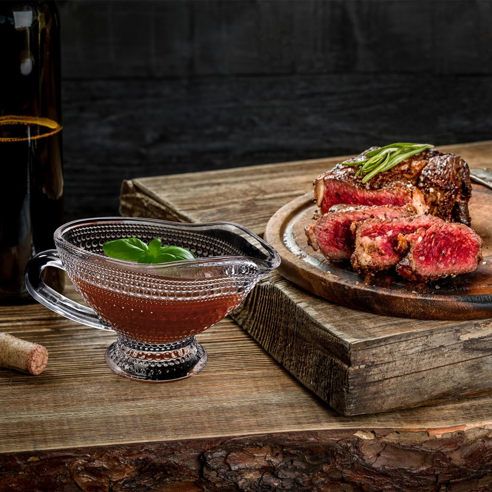 fancy glass handle gravy dish