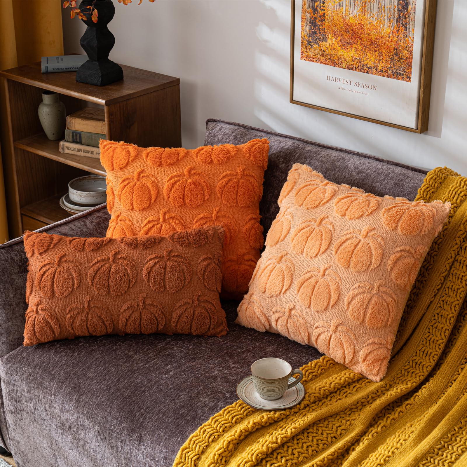 Orange fall decorative throw pillow covers with pumpkin pattern