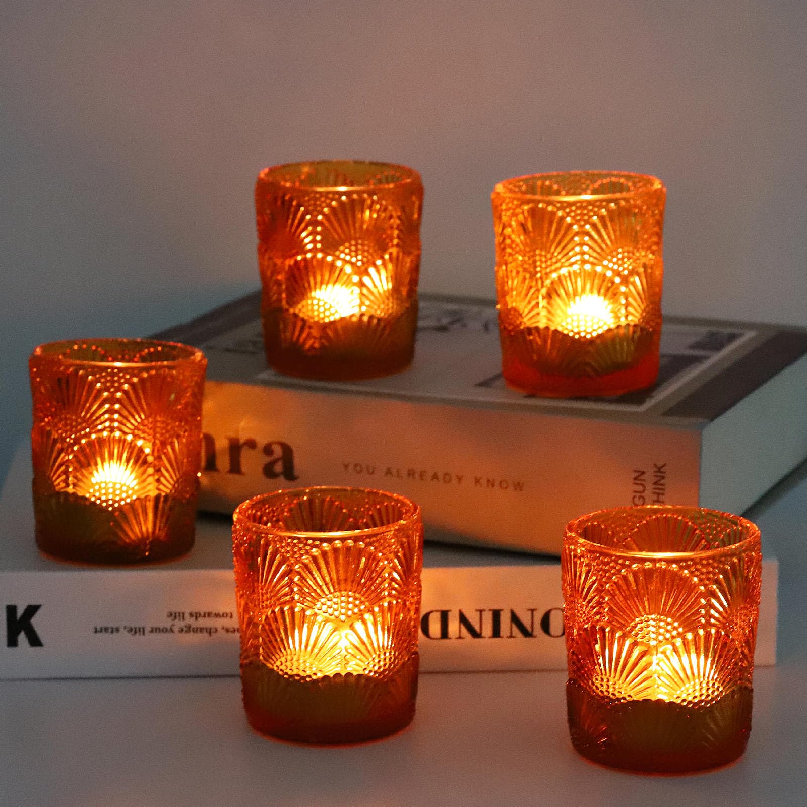 amber glass tealight candle holders