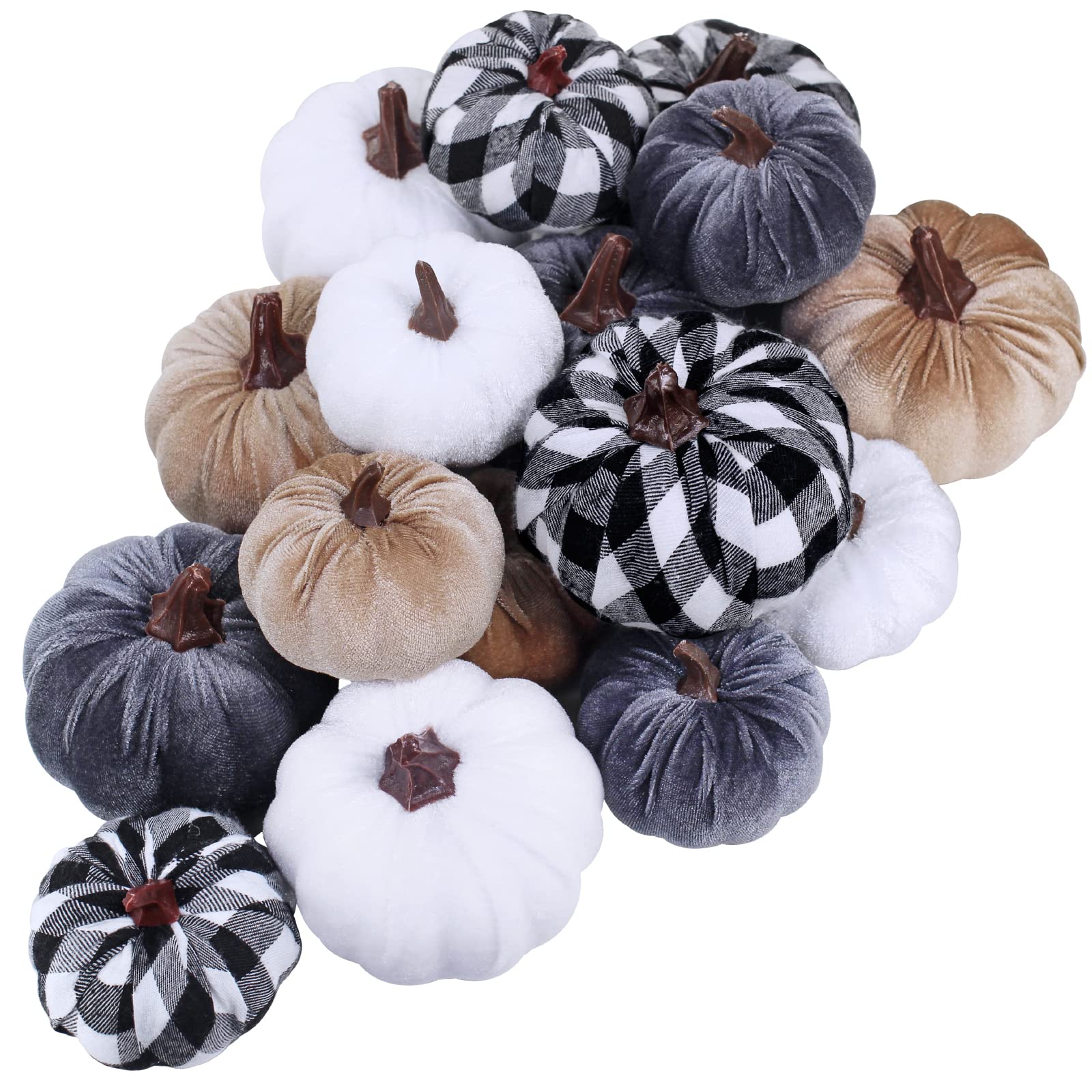 16 Pcs Assorted Grey Taupe White Fall Decorative Fabric Pumpkins