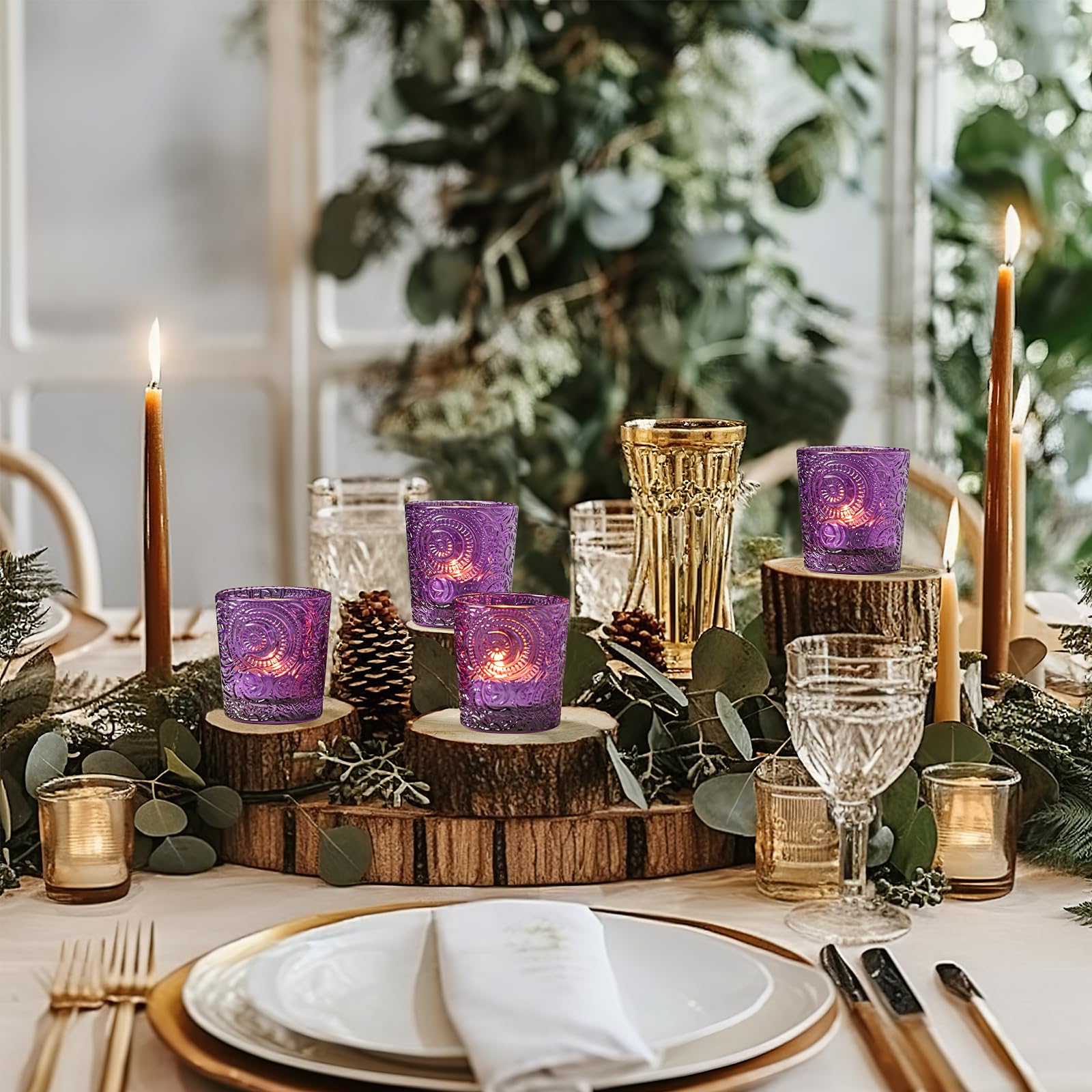 12 Pack Sun Moon Star Embossed Glass Tea Light Candle Holders Amethyst Purple